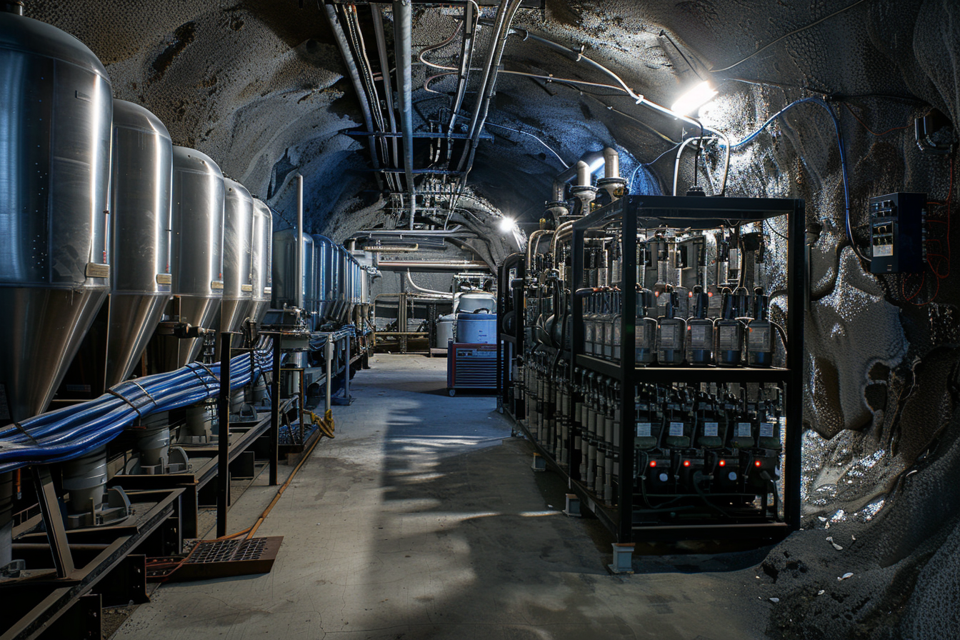 Lunar ISRU facility showing ilmenite oxygen production reactor, electrolysis systems, and cryogenic storage connected to remote power generation infrastructure