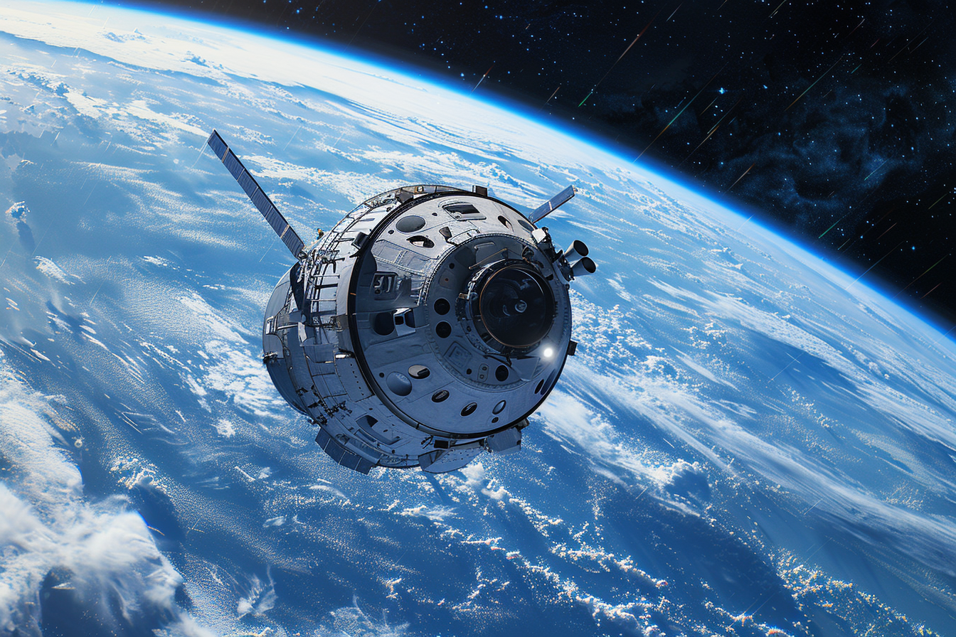 Autonomous spacecraft executing optimized rendezvous with propellant depot, showing onboard trajectory computation systems and precision guidance algorithms