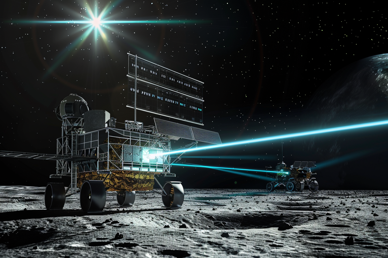 Orbital laser power beaming system transmitting infrared beam to lunar rover with photovoltaic receiver, showing technical efficiency metrics and hardware systems