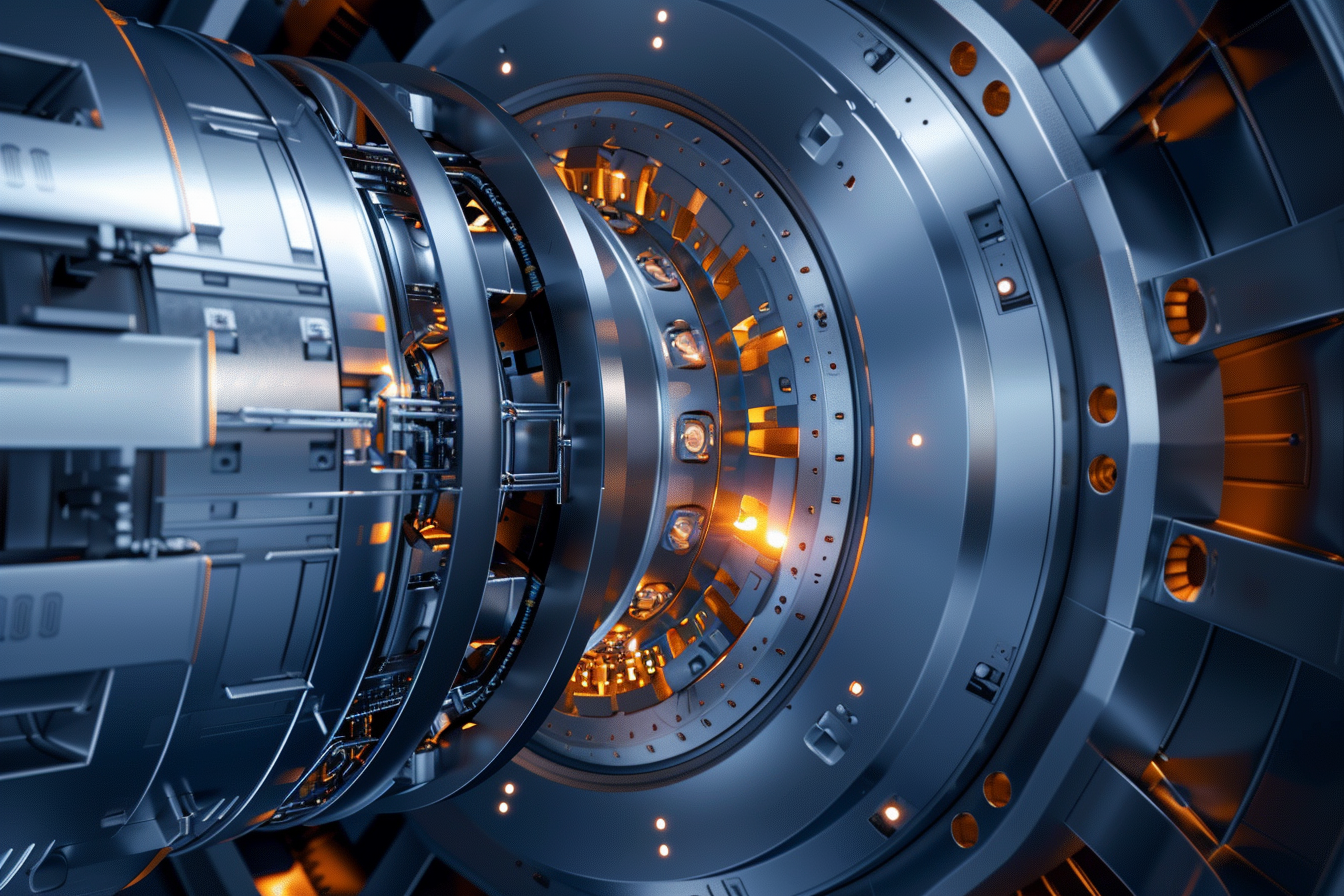 Technical cutaway view of lunar fission reactor showing HALEU fuel core, heat pipe radiators, and Stirling conversion systems with engineering-level hardware detail