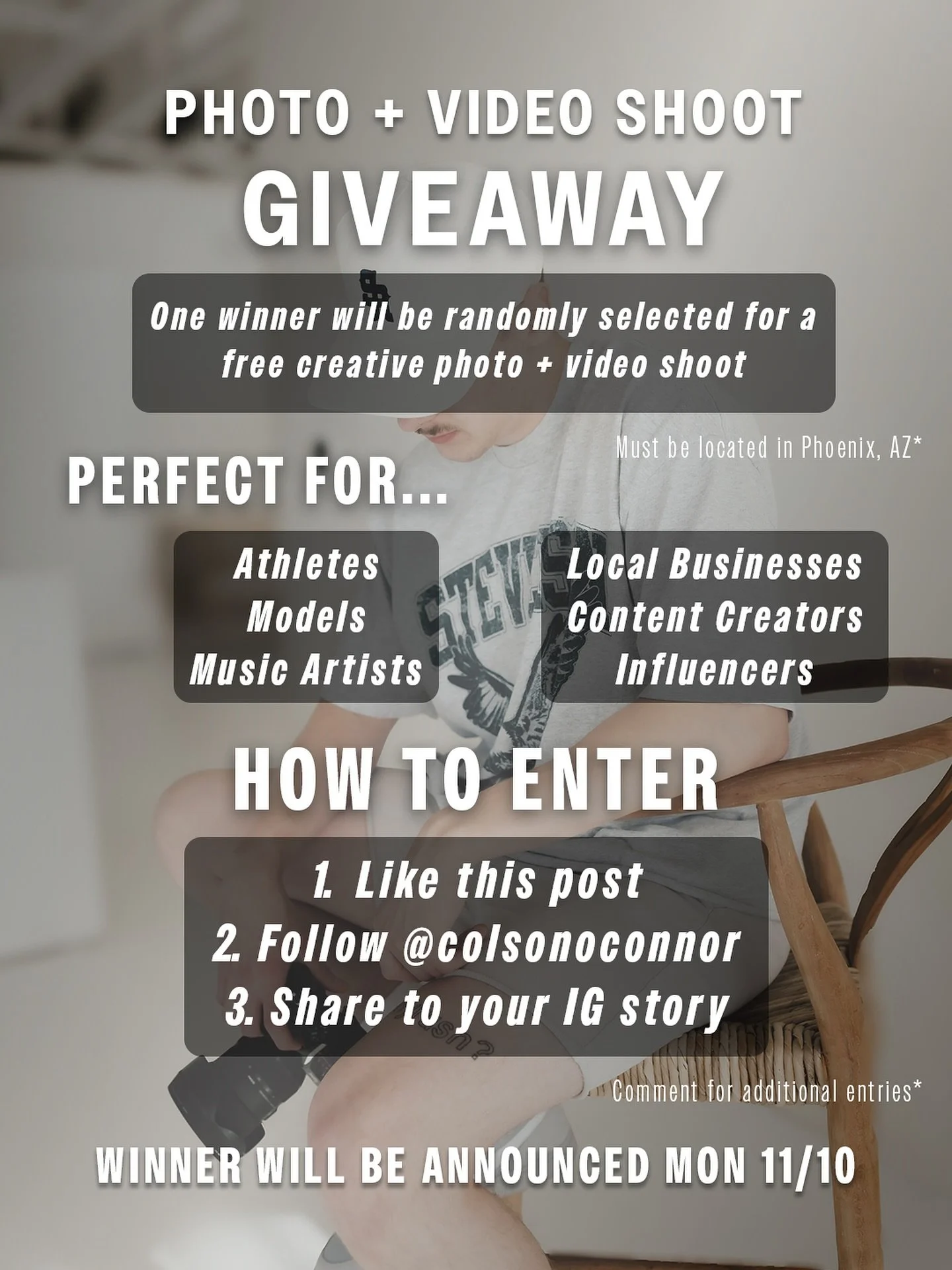 The support on my work lately has been unreal, so it&rsquo;s time to give back.
I&rsquo;m giving away a FREE creative photo + video shoot to one lucky winner! 🎥📸

Perfect for athletes, artists, models, creators, or local businesses looking to level