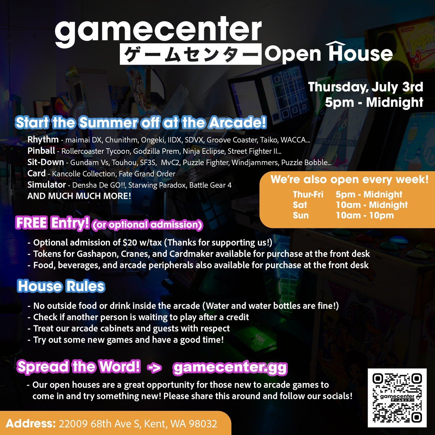 π¨ FINAL REMINDER! GAMECENTER OPEN HOUSE IS TOMORROW!π¨
Come in and play games for absolutely free or support us by purchasing general admission.
We have everything from a vast selection of rhythm games, to pinball, simulators, and some early arcad