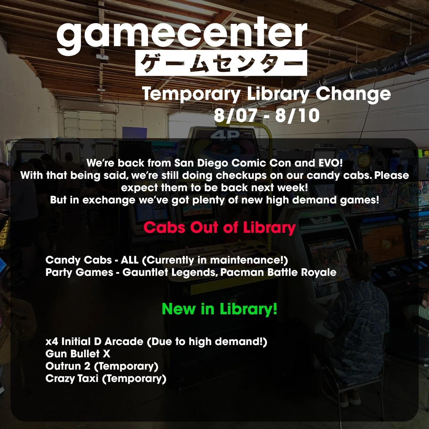 We're back from SDCC and EVO and are ready to share some gamecenter updates!
First of all, we're happy to announce that Initial D Arcade will be available‼️
We also will have Gunbullet available to play starting today as well as Outrun 2 and Crazy