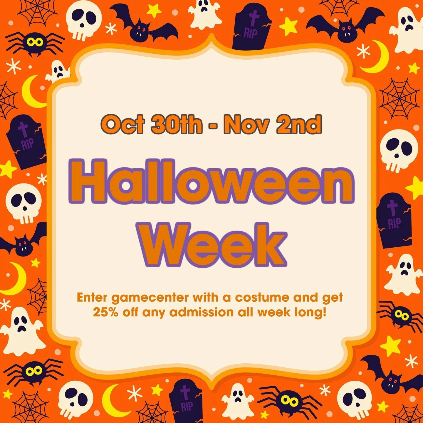 🎃 Spooky week is upon us 🎃 
Get 25% off Halloween week if you come in with a costume! 
AND get a spin on our prize wheel with any purchase of admission. Get everything from free swag to tokens!