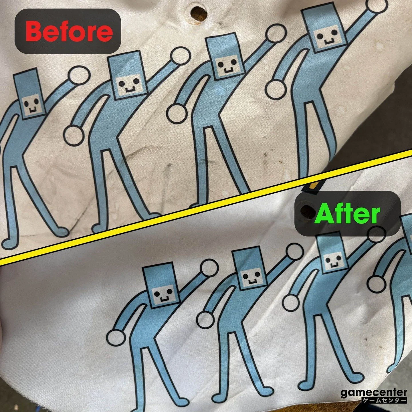 ...that's right, it's Rhythm Tengoku! Here's a before &amp; after shot, the cleanup process is still underway but eventually it will be mounted on our Rhythm Tengoku machine for all to enjoy on the arcade floor!