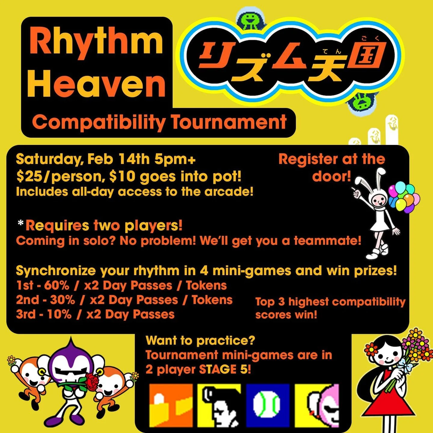 We have a lot of events coming up in February! 

- Feb 14 @ 5PM, the Rhythm Heaven Compatibility Tournament!
- Feb 21st @ 7PM, 3rd Strike Jazzy Circuit Ranking Event! (https://tinyurl.com/JazzyGC2-26)
- Feb 27 @ 5:30PM, our first rhythm game tourname