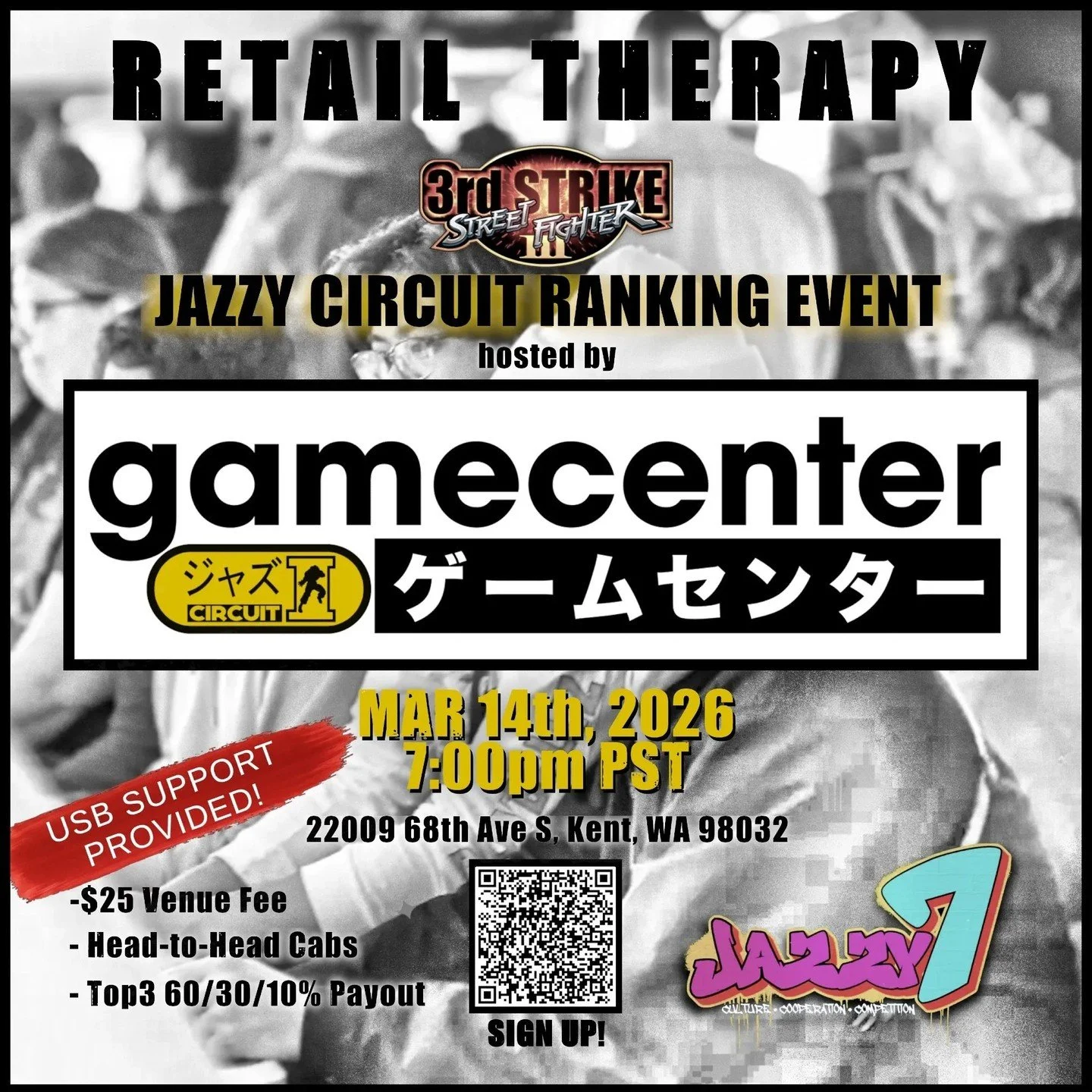 The Jazzy Circuit Ranking Event is TONIGHT at 7PM! $25 for entry; qualify for competition in the Jazzy Circuit finals, win cash prizes, guest passes, and more! Sign up at https://www.start.gg/tournament/retail-therapy-jazzy-circuit-ranking-event-marc