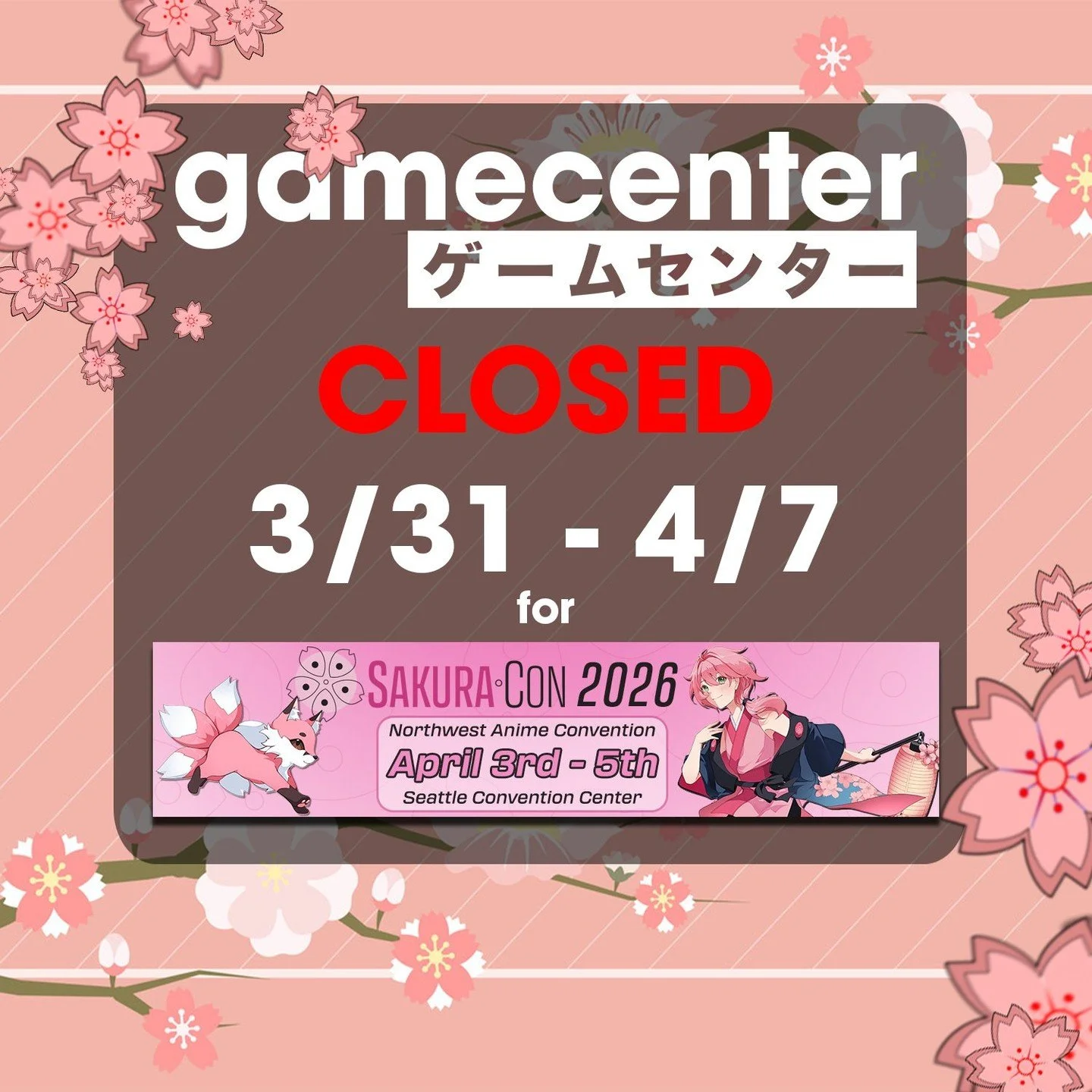 100 Yen Life will be at Sakura-Con! 

We'll be bringing a ton of cabs, which means Gamecenter will be CLOSED from 3/31-4/7. The arcade will reopen on April 8; if you're attending Sakura-Con, you can play many of your Gamecenter favorites in the con a