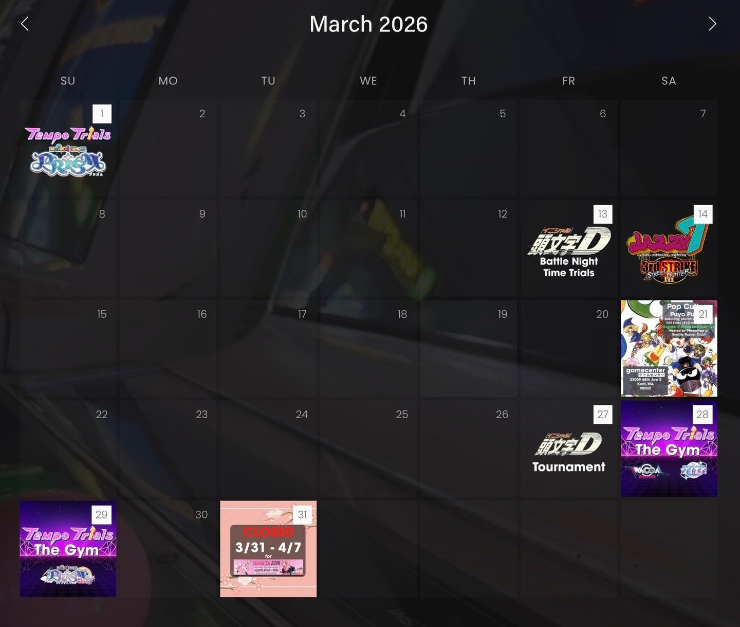 There's a lot going on at Gamecenter through the end of March! 🌸🕹️👾

3/21, 7PM - Pop Culture: Puyo Puyo 2 (sign up @ tinyurl.com/GCPuyo)
3/27, 6PM - Initial D Tournament
3/28-3/29 - Tempo Trials: The Gym
3/31-4/7 - Gamecenter will be closed, but w