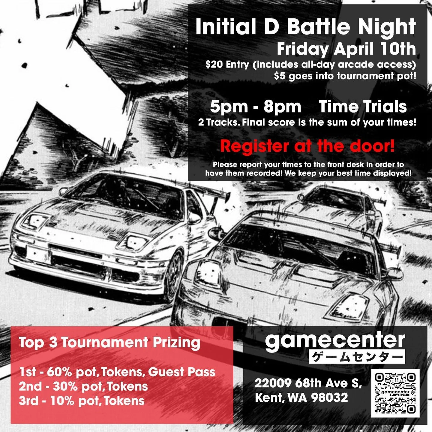 TOMORROW NIGHT...Initial D Battle Night returns with Time Trials, starting at 5PM! Register at the door, set your best time, and compete to win! The top three best times will receive cash prizes and tokens, first place wins a guest pass for free entr