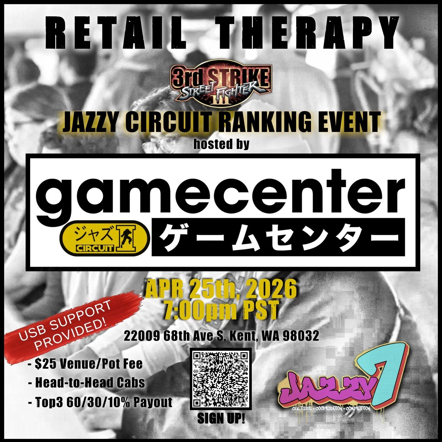 TONIGHT! The April Jazzy Circuit Ranking Event kicks off at 7PM at Gamecenter! Sign up at https://www.start.gg/tournament/retail-therapy-jazzy-circuit-ranking-event-april/details and compete for the chance to advance to the Jazzy Finals on our versus