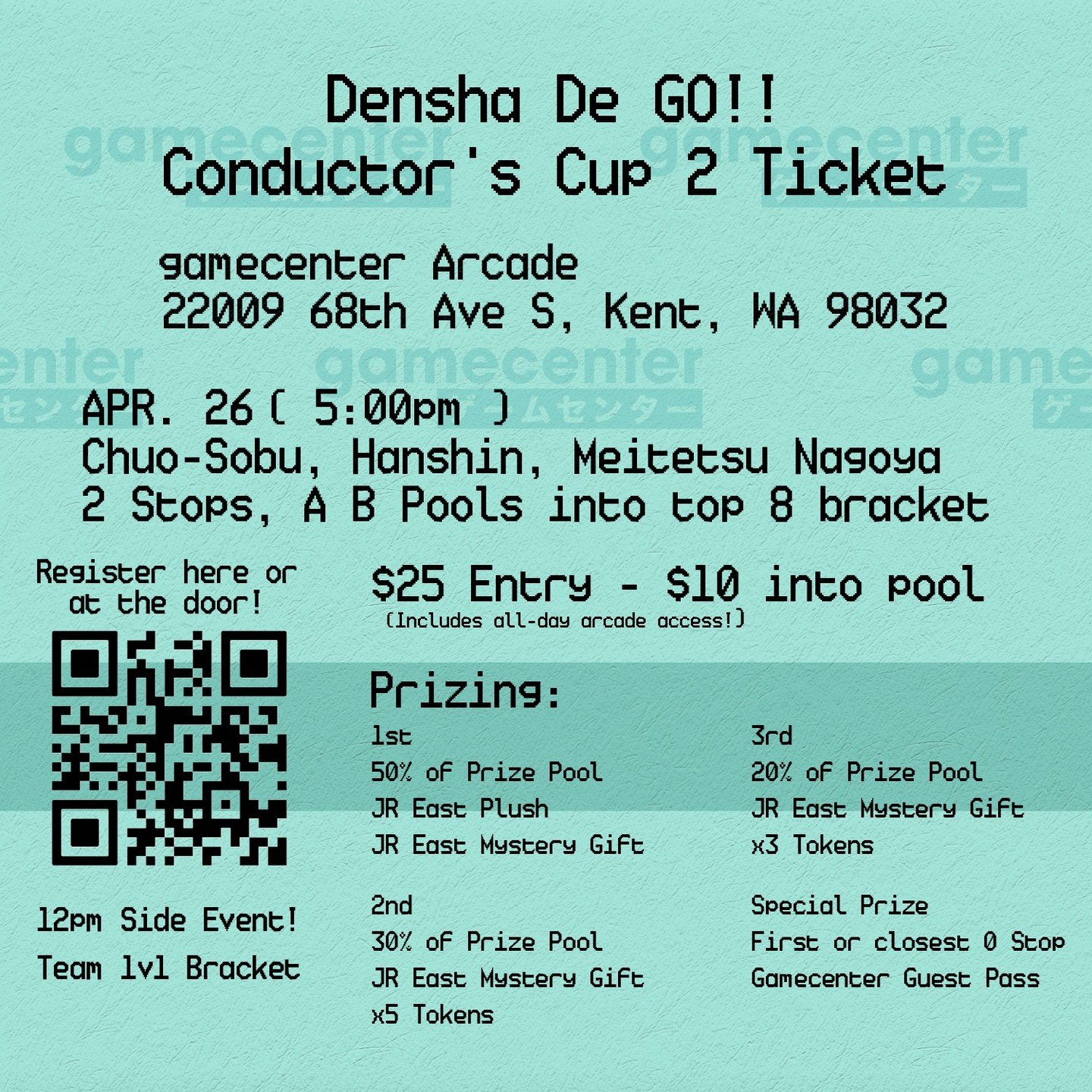 Our Densha de GO!! Conductor's Cup 2 tournament starts tonight at 5PM!! We have a side event kicking off at noon, sign up at tinyurl.com/DDGGC2 and compete to win from a cash prize pool, in addition to tokens, guest passes, and exciting JR-themed mys