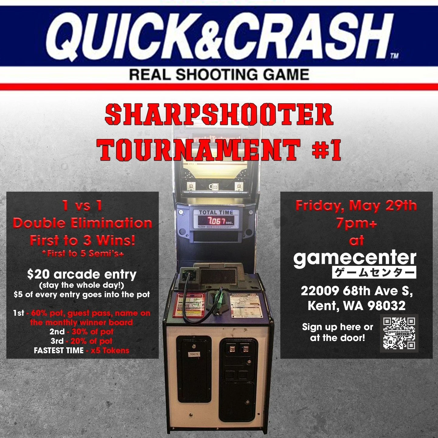 TOMORROW NIGHT, Gamecenter hosts our first Quick &amp; Crash Sharpshooter Tournament! Shoot the targets (and the cup!) and aim for the fastest time! There'll be cash prizes, guest passes, tokens, and the chance to have your name on our monthly leader
