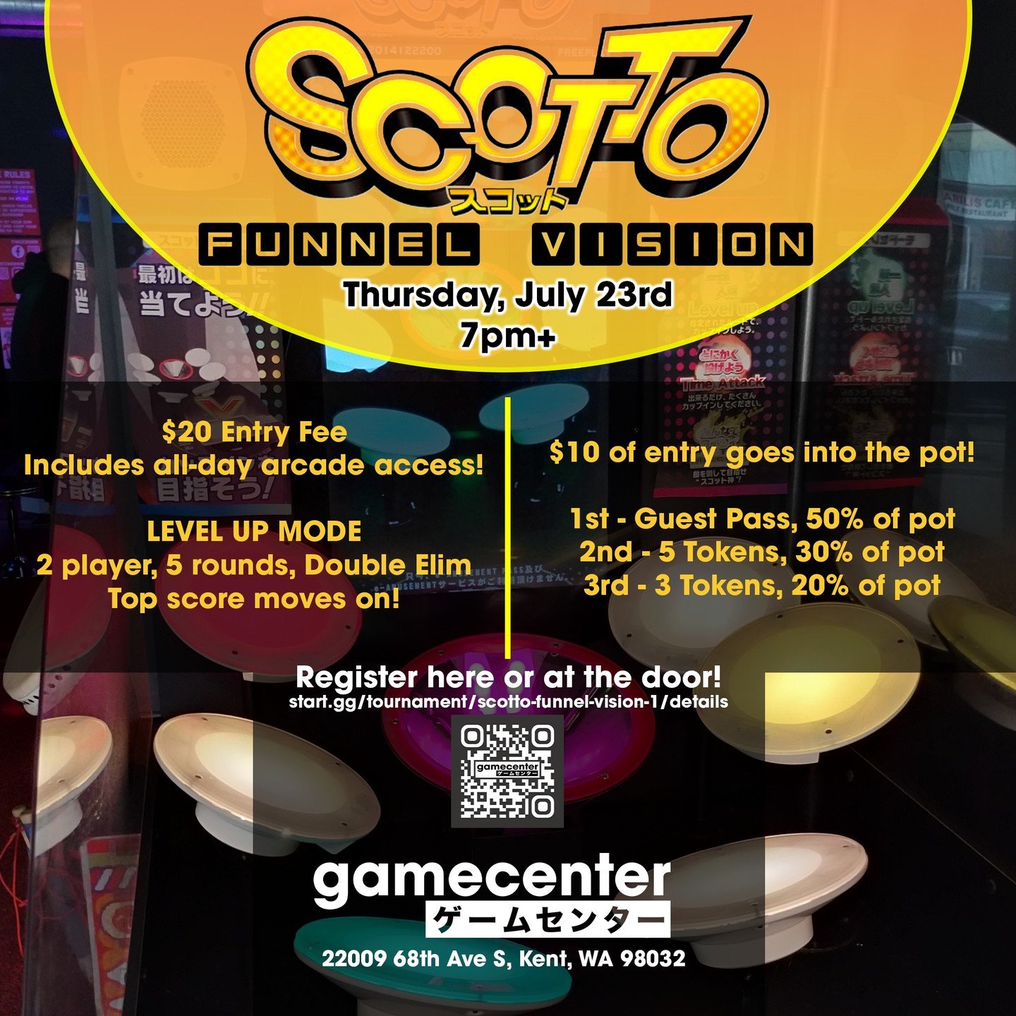 Our first SCOTTO tournament, Funnel Vision, starts TONIGHT at 7PM! Bounce ping-pong balls off of multiple targets and sink them in the cup! Sign up now at https://qrco.de/bguT7B; cash prizes, guest passes, and tokens will be awarded to the top three!