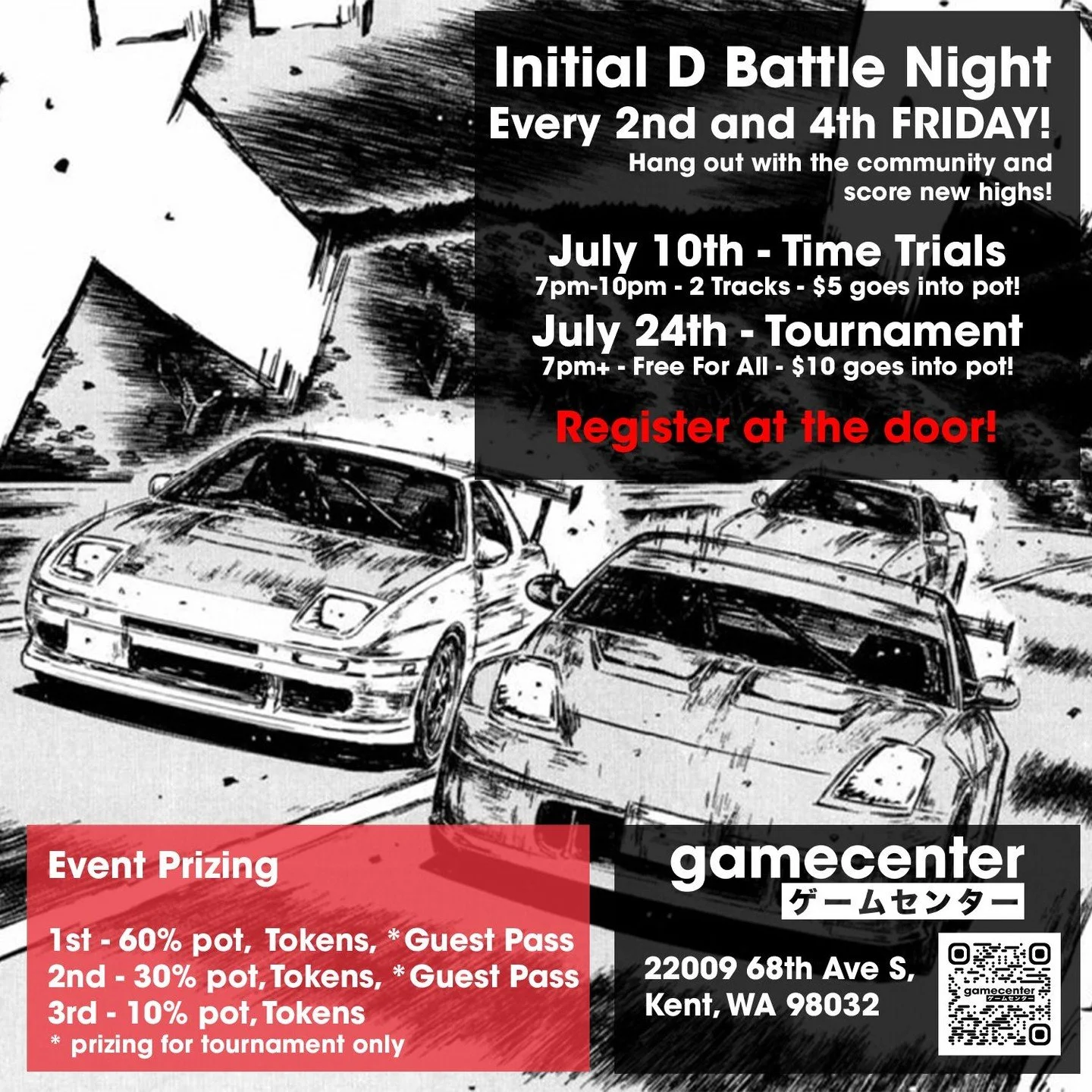 TONIGHT at 7PM, Initial D Battle Night returns with our July tournament! Register at the door and battle it out to come out on top! Cash prizes, tokens, and guest passes are available to the top three racers! Do you have what it takes? 🚙
