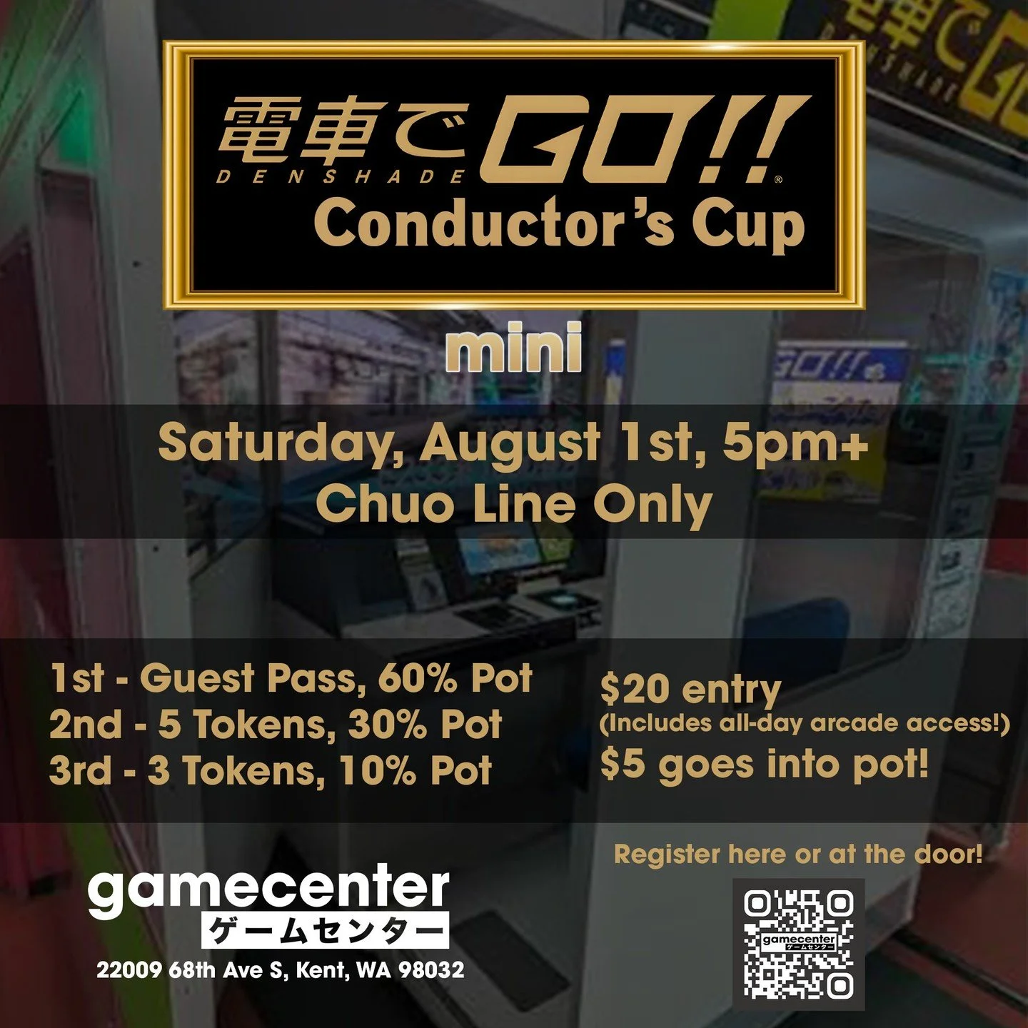 This Saturday, August 1st, join us for the Densha de GO!! Conductor's Cup Mini! Register at the door or at https://qrco.de/bguTDU and compete for the highest rank along the Chuo Line! Cash prizes, guest passes, and tokens will be awarded to the top t