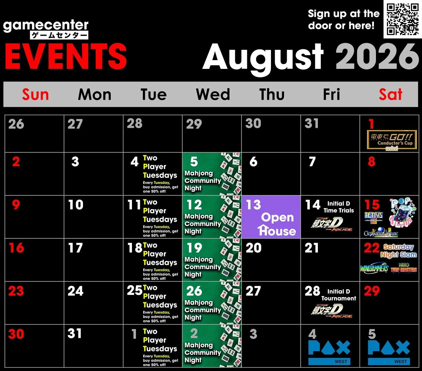 Gamecenter's calendar has been updated for the month of August! Check out our upcoming events here, or at gamecenter.gg/calendar ! You can sign up for our August events at https://www.start.gg/tournament/gamecenter-arcade-august-2026-events/details !