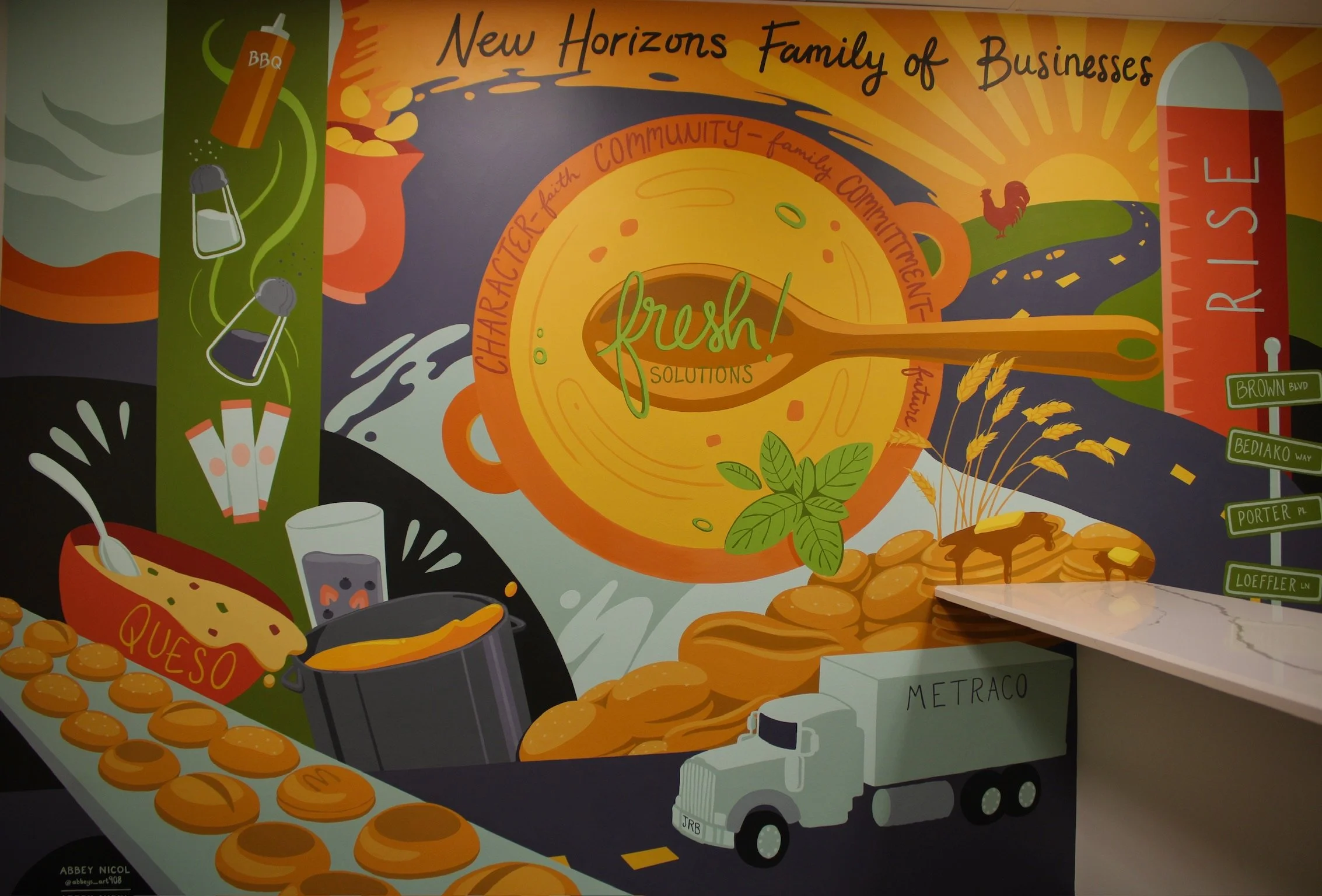 Colorful mural with a sun, road, farm elements, and food items, promoting a community of family-oriented businesses with the phrase 'fresh solutions' in the center.