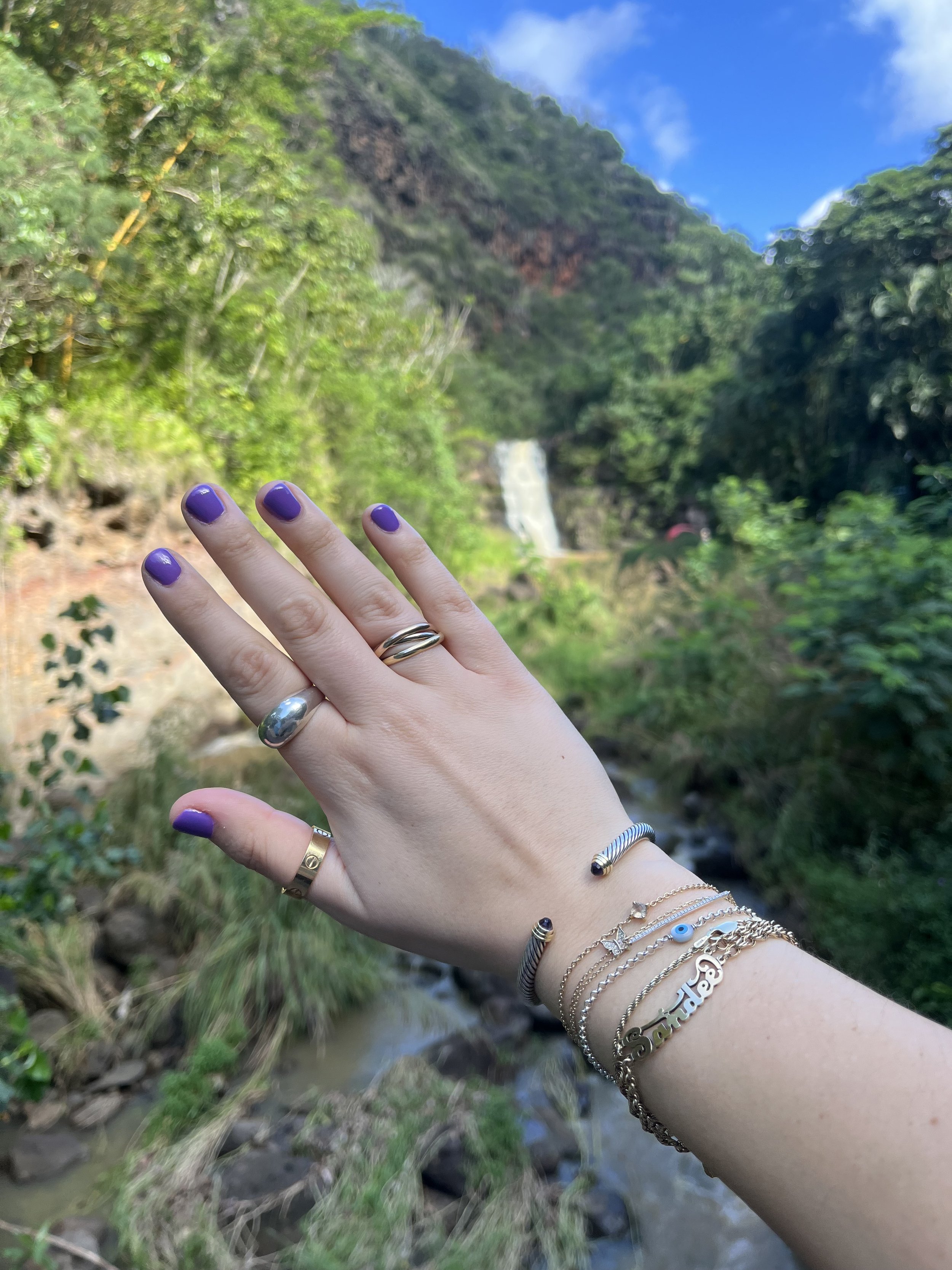 hand wearing handmade sterling silver rings beside a natural green stream