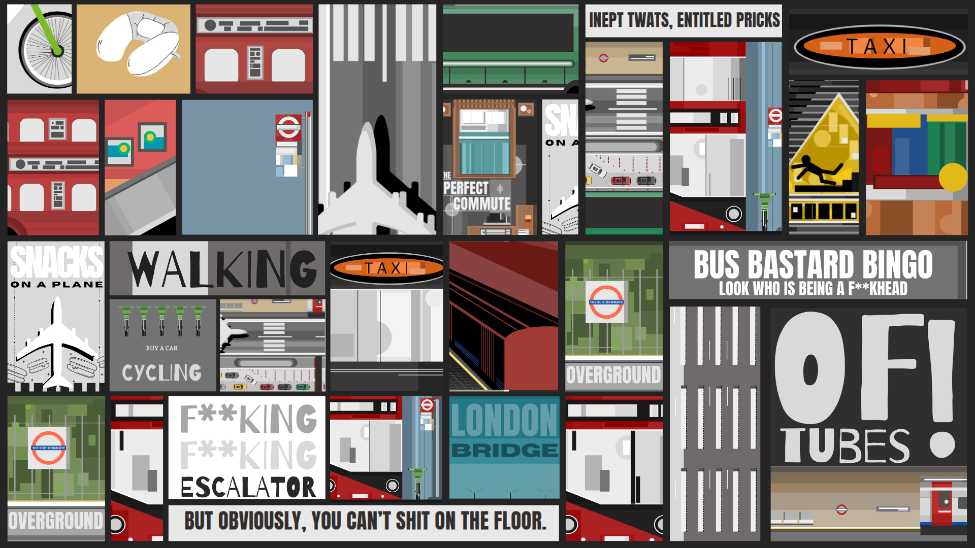 A collage of illustrated images depicting urban commuting scenes including motorcycles, bicycles, trains, buses, airplanes, and subway stations, with various signs, advertisements, and humorous text about transportation.