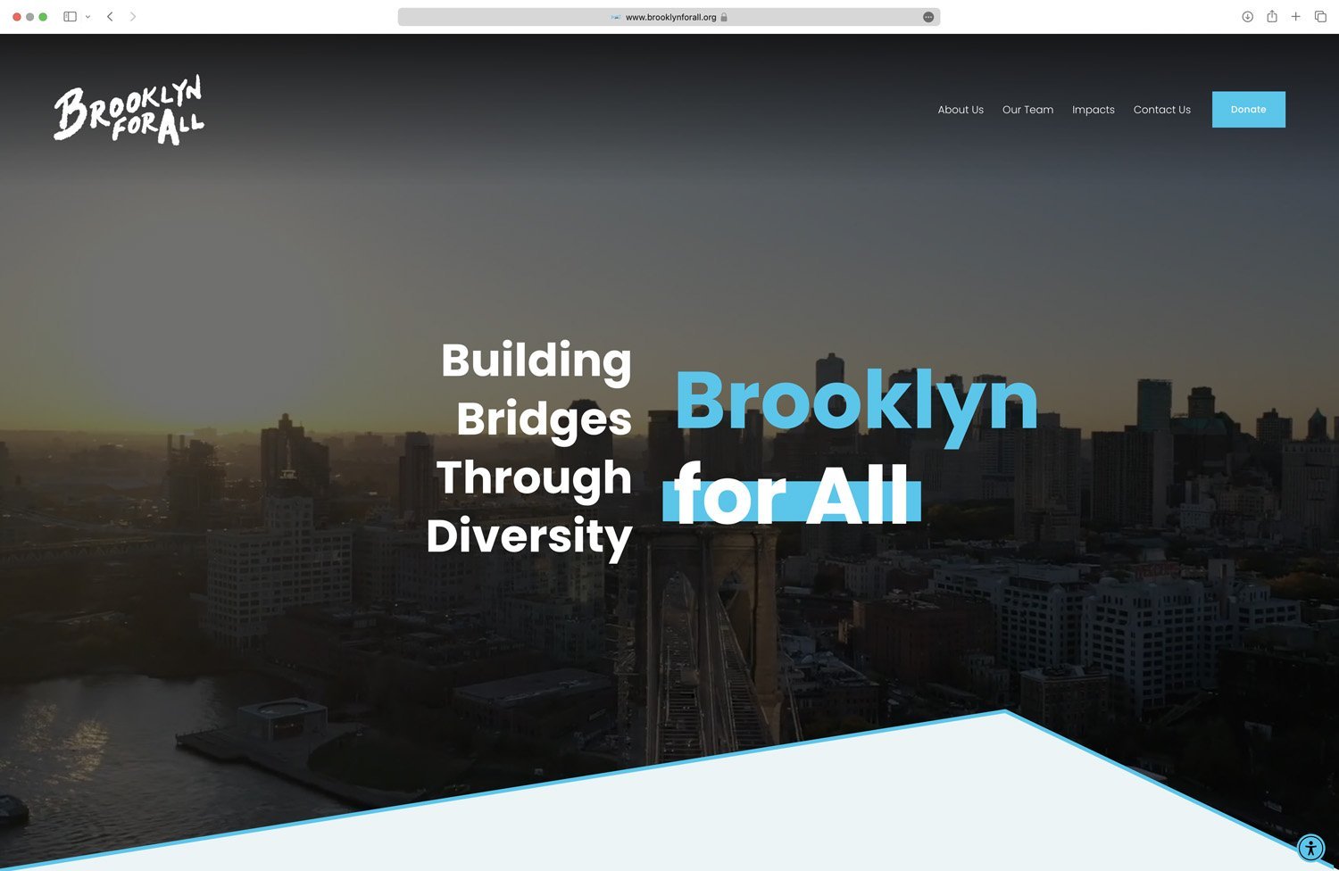 Brooklyn-themed website homepage with the text 'Building Bridges Through Diversity Brooklyn for All' overlaying a city skyline at sunset. Includes navigation links and a donate button.