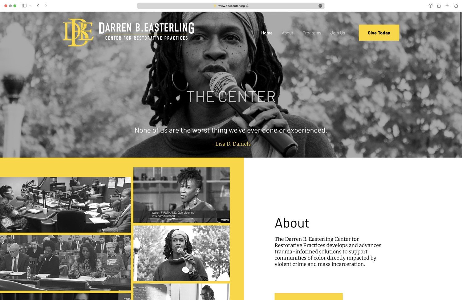 Website homepage for the Darren B. Easterling Center for Restorative Practices, featuring a black and white image of a person speaking into a microphone. Includes a quote from Lisa D. Daniels: "None of us are the worst thing we’ve ever done or experi