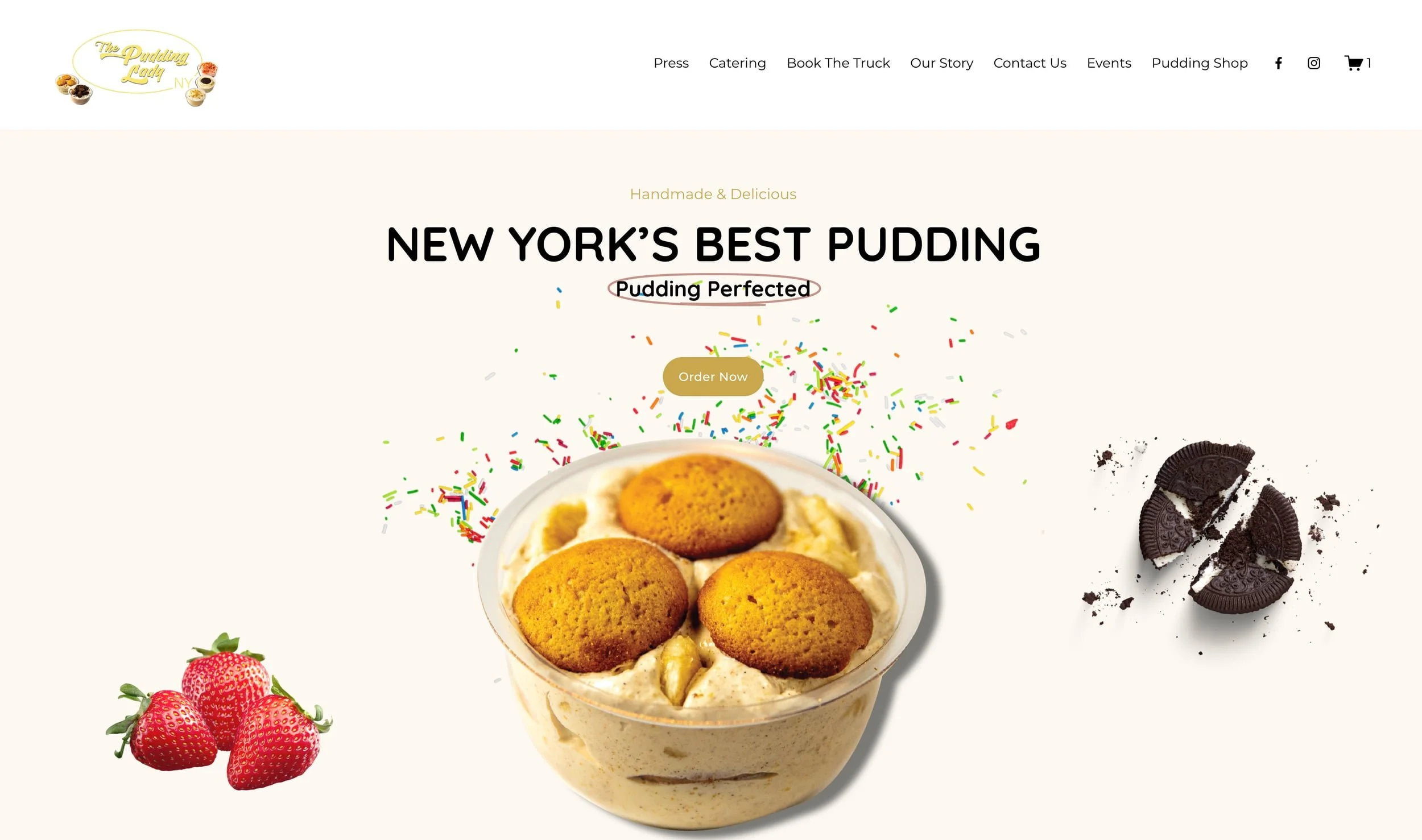 Website homepage for a pudding shop called The Pudding Lady NY. Features a large bowl of pudding topped with three cookies, surrounded by images of strawberries and crushed chocolate cookies, with a menu bar at the top and an orange 'Order Now' button.