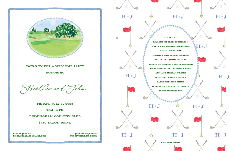 Invitation to a golf-themed party with details for Heather and John on July 7, 2023, at Birmingham Country Club, featuring green text and a green golf course illustration, alongside a pattern of golf clubs and flags with the initials H+J.