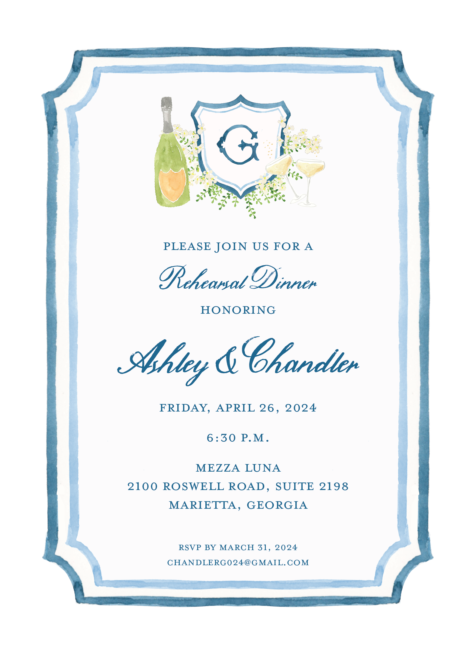 Invitation for a rehearsal dinner with a blue border, containing a champagne bottle, two glasses with lemon slices, in the center a shield with a 'G' and decorative flowers.