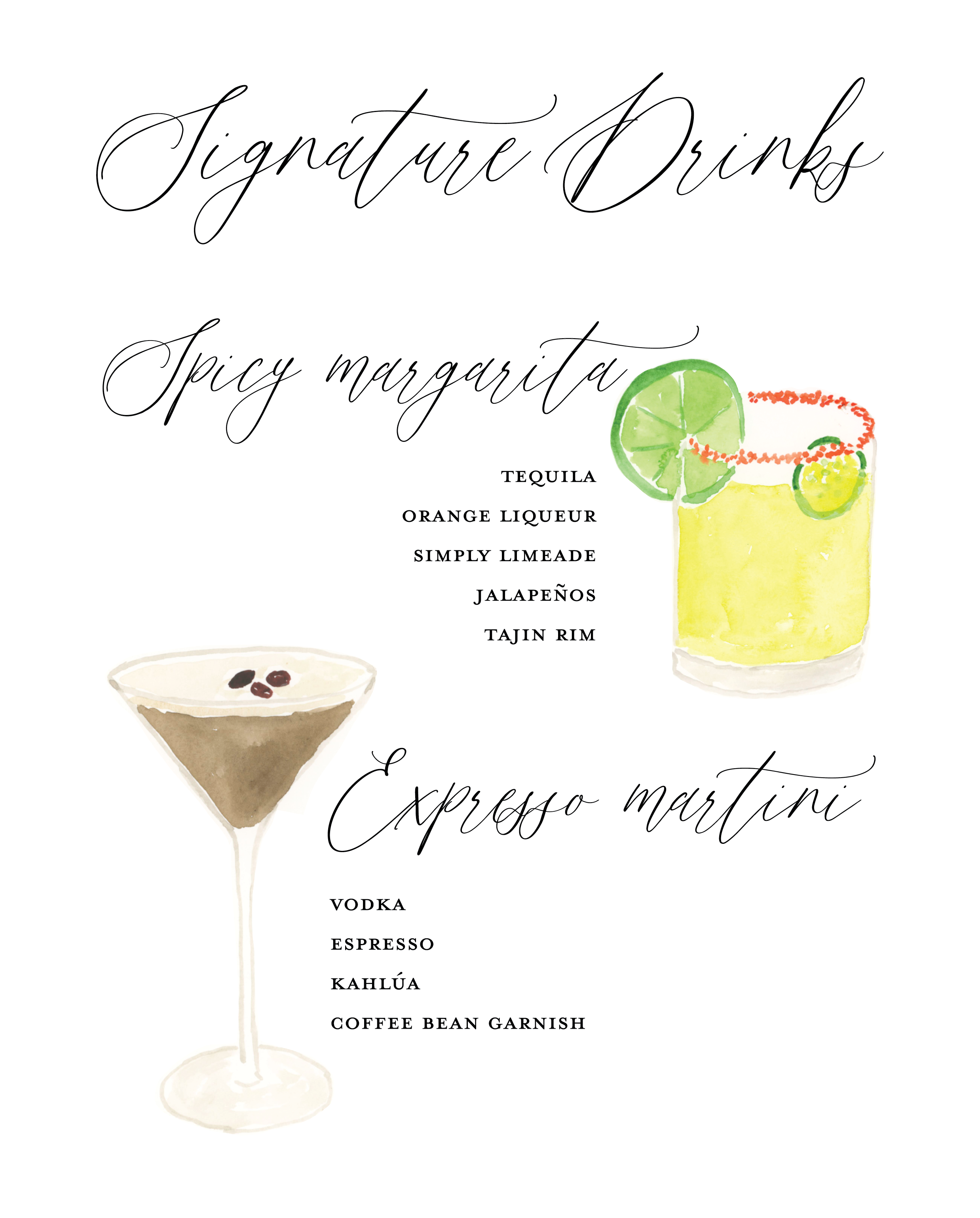 Watercolor menu featuring signature drinks: spicy margarita with lime, jalapeños, tajín rim, and an espresso martini with vodka, espresso, kahlúa, and coffee bean garnish. Illustration of a margarita glass with lime and chili salt rim and a glass wit
