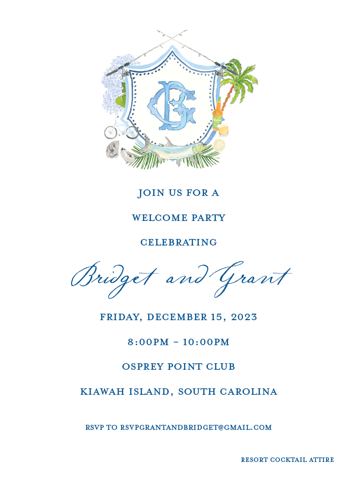 Invitation to a welcome party for Bridget and Grant with a nautical and tropical theme, featuring a shield with navy blue initials, a fish, palm trees, and beach elements.