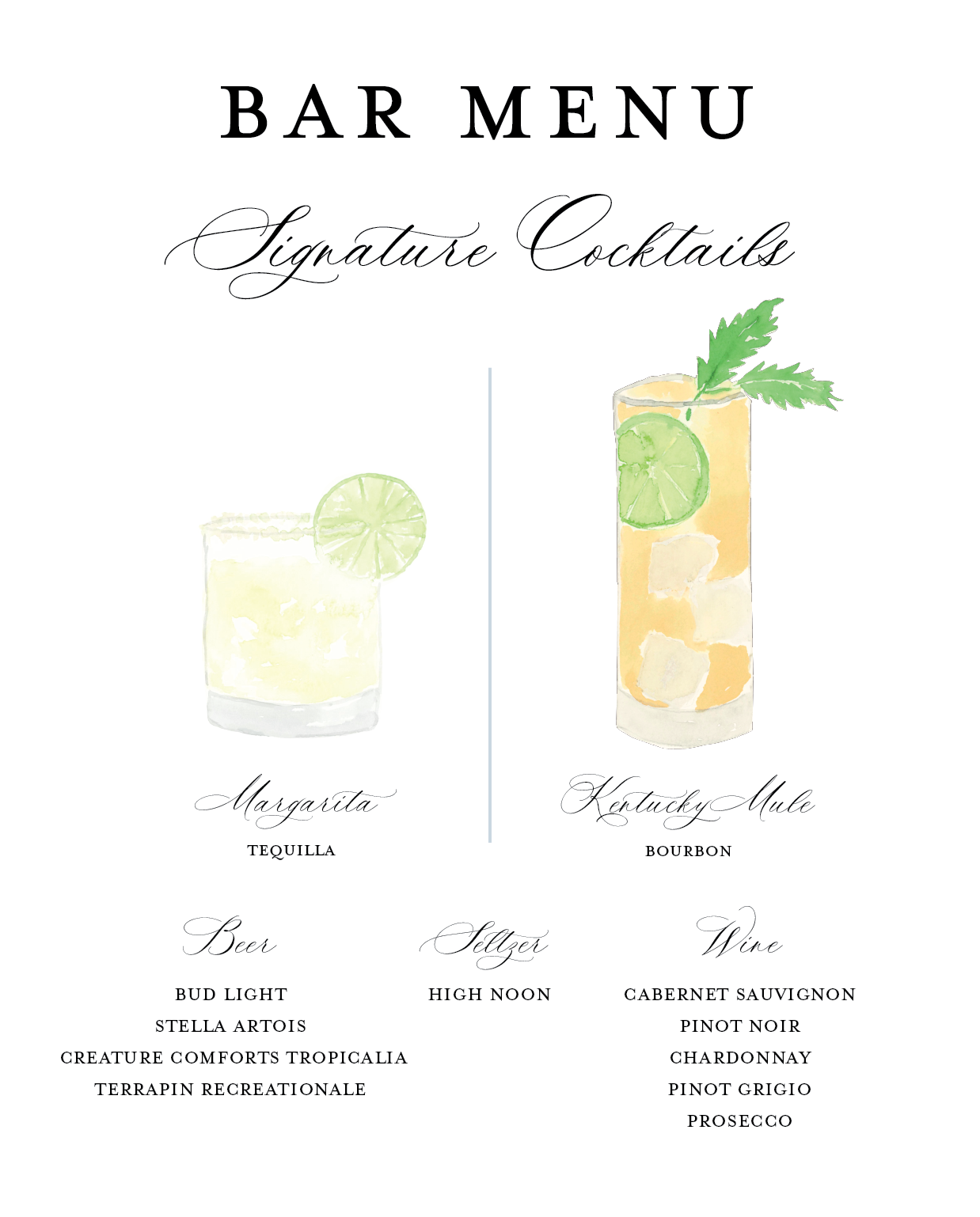 Bar menu featuring watercolor illustrations of a Margarita and Kentucky Mule cocktails, each with a lime garnish. The menu lists various alcoholic beverages including beer, seltzers, wine, and types of whiskey, with elegant black script on a white ba