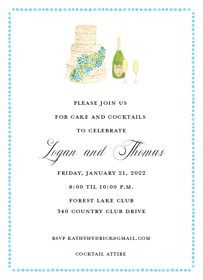 Invitation to a celebration with a cake decorated with blue flowers, a bottle of champagne, and two champagne glasses.