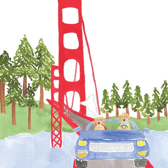 Over the bridge and towards the redwoods we go!! 
#savethedate #customillustration #goldenretriever #goldengatebridge #watercolorillustrations