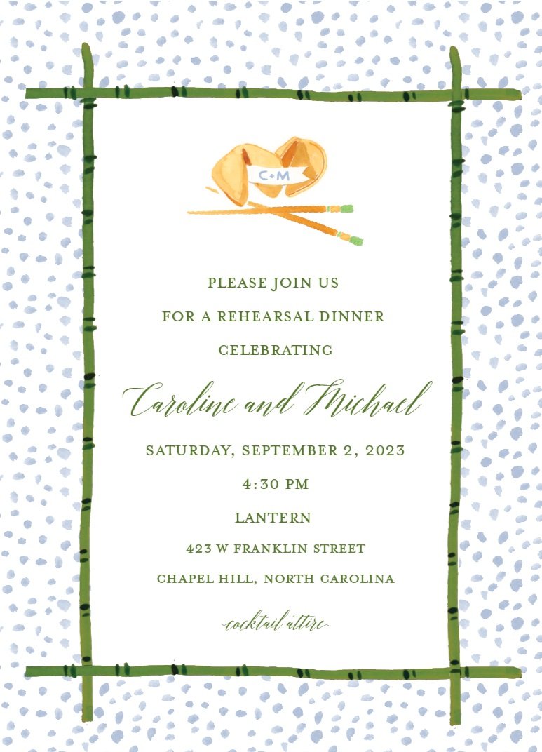 Invitation for a rehearsal dinner on September 2, 2023, at 4:30 PM at Lantern, 423 W Franklin Street, Chapel Hill, North Carolina, celebrating Caroline and Michael, with a lantern theme, featuring a watercolor pumpkin, sparklers, and a bamboo border.