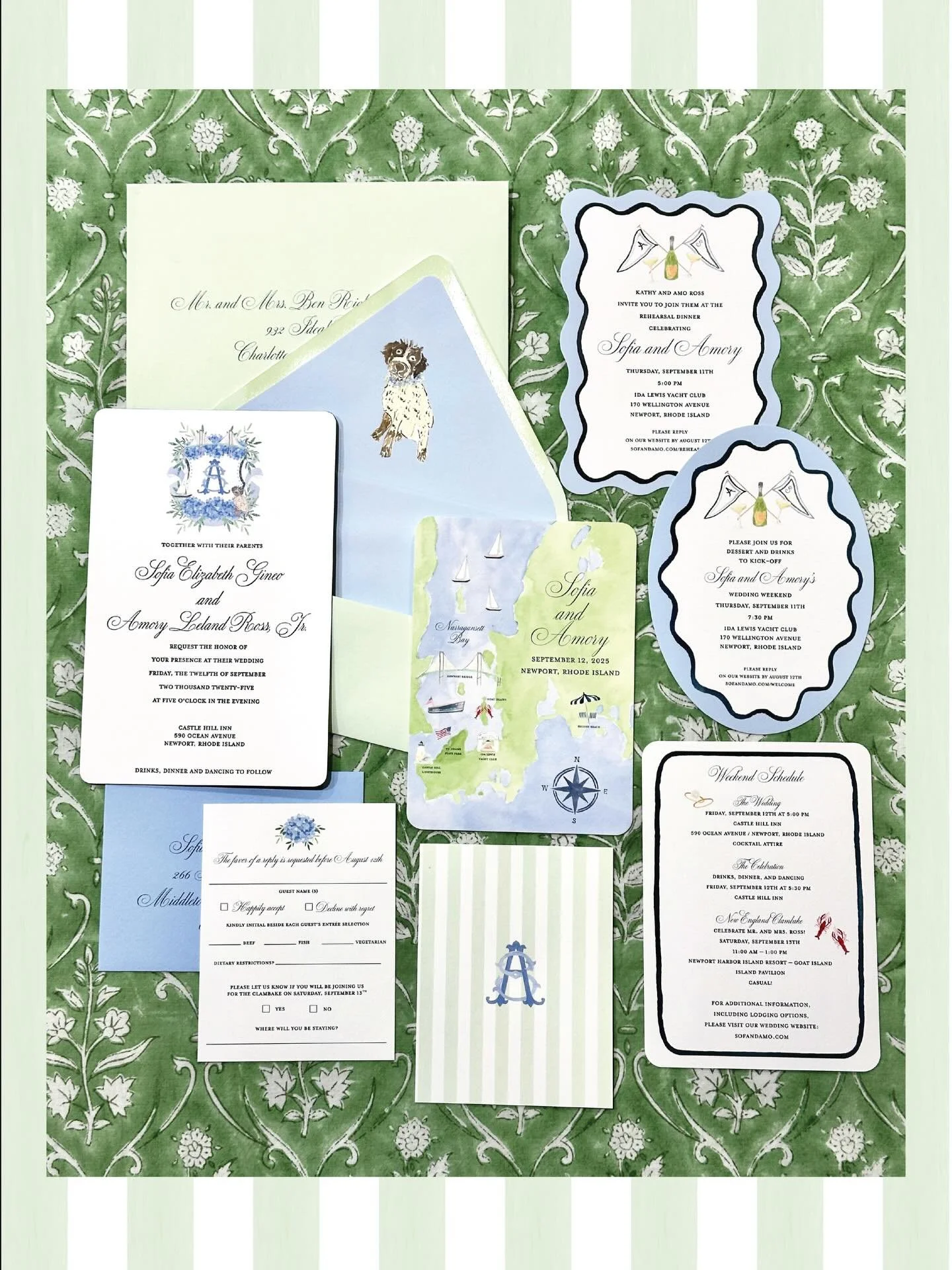 Shade of blue come together at this seaside September wedding in Newport, Rhode Island. Elegant and formal,  but not overly serious with lots of personal touches. 
#customweddingpaper #newportwedding #blueandwhitewedding #weddingcrest #weddingmap