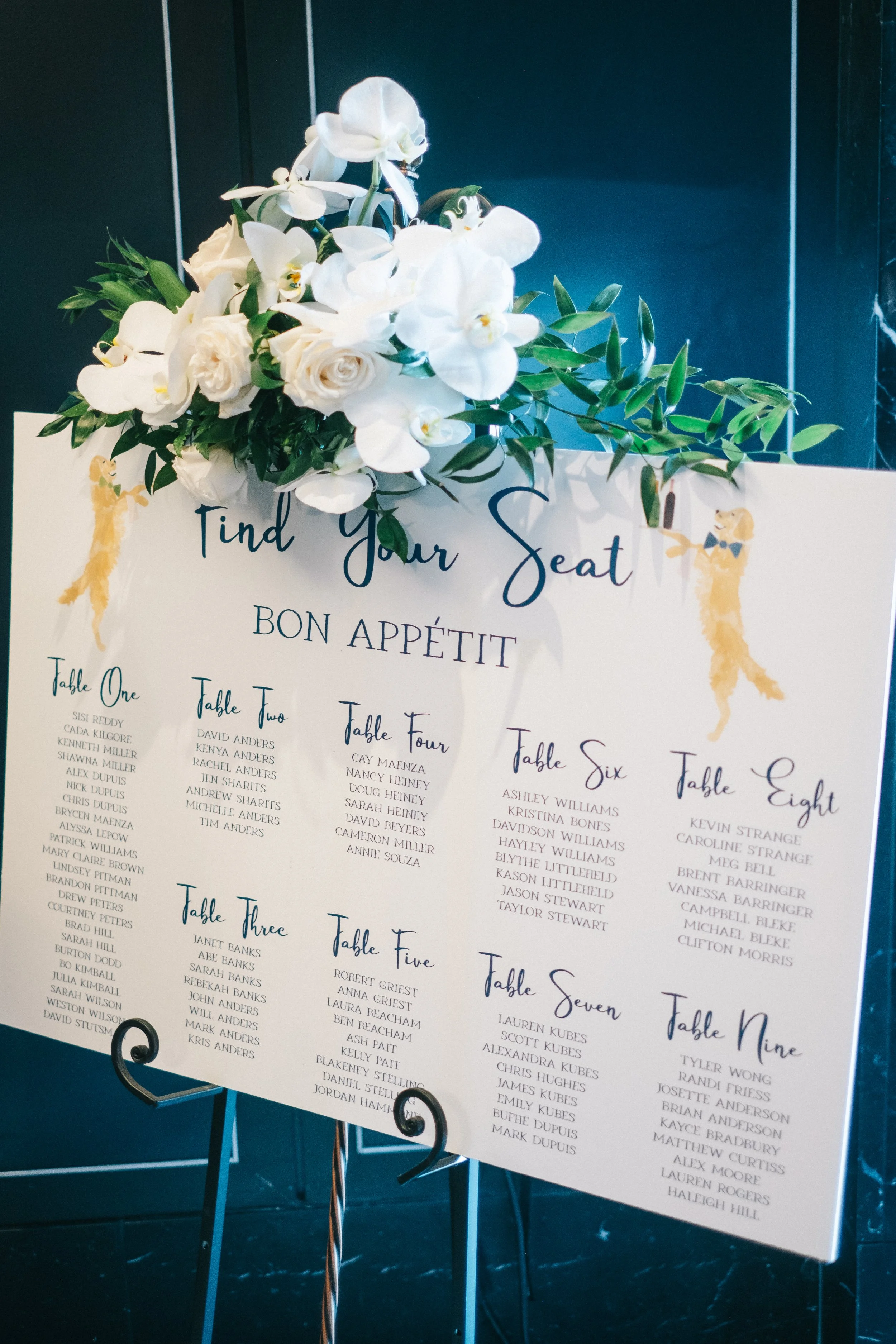 Wedding seating chart decorated with a floral arrangement of white flowers, including orchids and roses, on a white board with handwritten-style names and table assignments.
