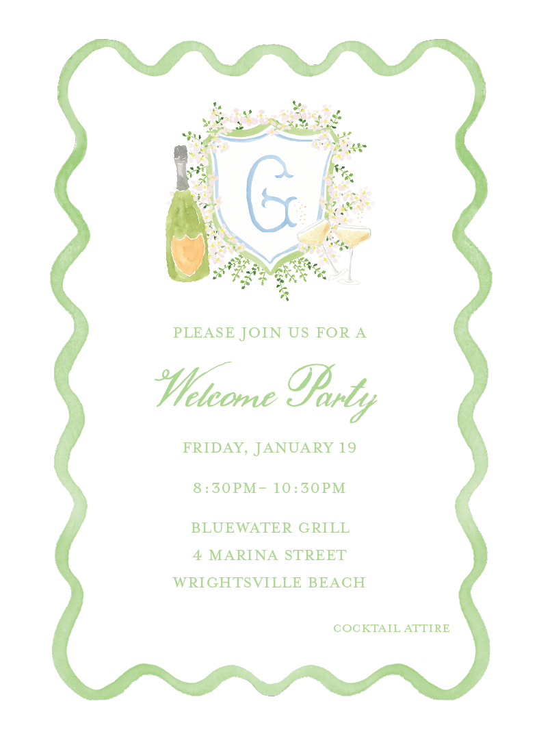 Invitation for a welcome party featuring a champagne bottle, two glasses, a shield with a letter G, and floral decorations, with a green wavy border.