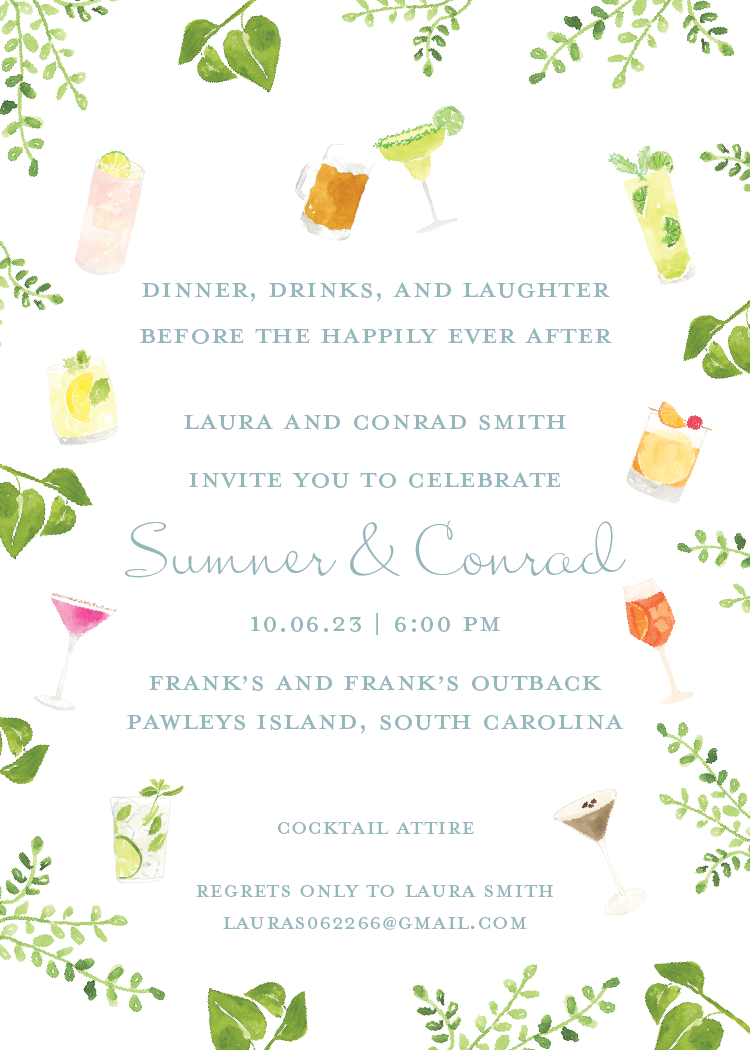 Watercolor illustrated cocktail drinks with lime, lemon, mint, and berries, surrounded by green leafy accents.