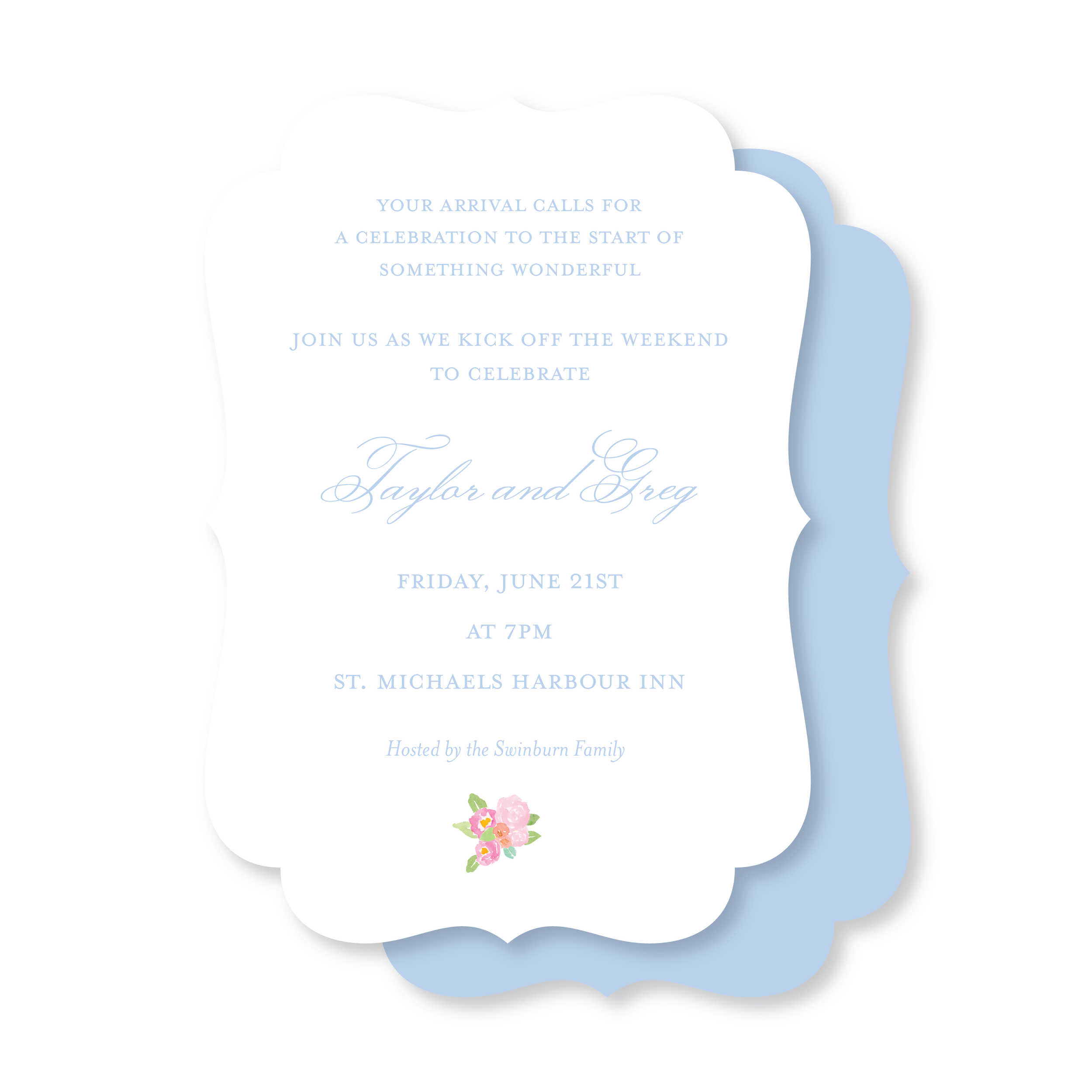 A wedding invitation card with a white scalloped border and blue background. It features elegant blue and purple text with a small pink flower illustration at the bottom.