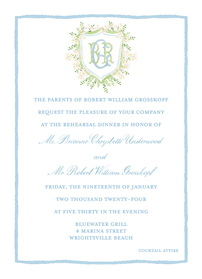 Formal invitation with a light blue border, a crest at the top surrounded by floral decorations, inviting guests to a rehearsal dinner honoring Ms. Brianne Chrystelle Underwood and Mr. Robert William Grosskoff on January 19, 2024, at Bluewater Grill 