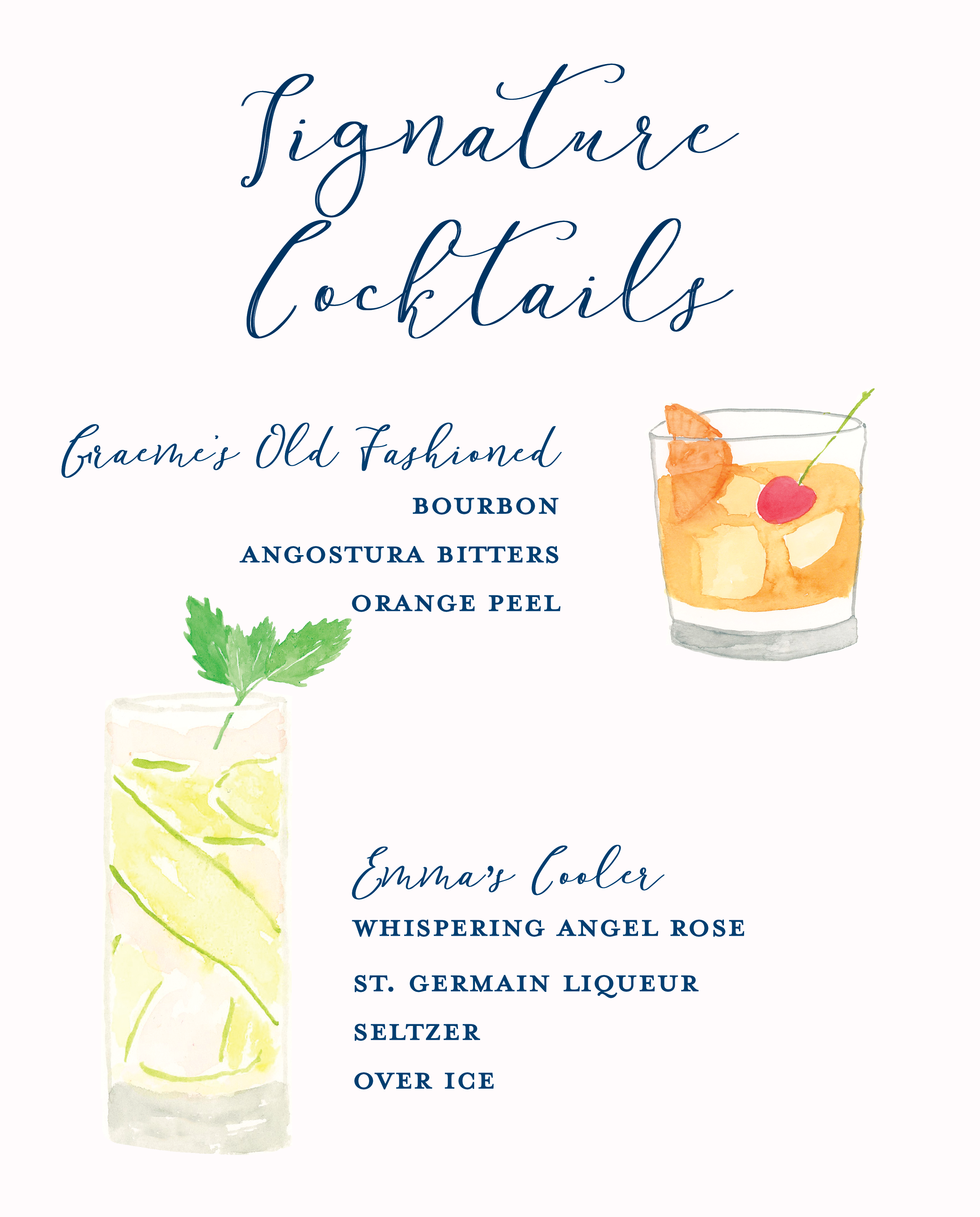 A watercolor illustrated cocktail menu featuring signature cocktails and Emma's cooler, with images of two drinks decorated with fruit garnishes, and the menu written in cursive and bold fonts.