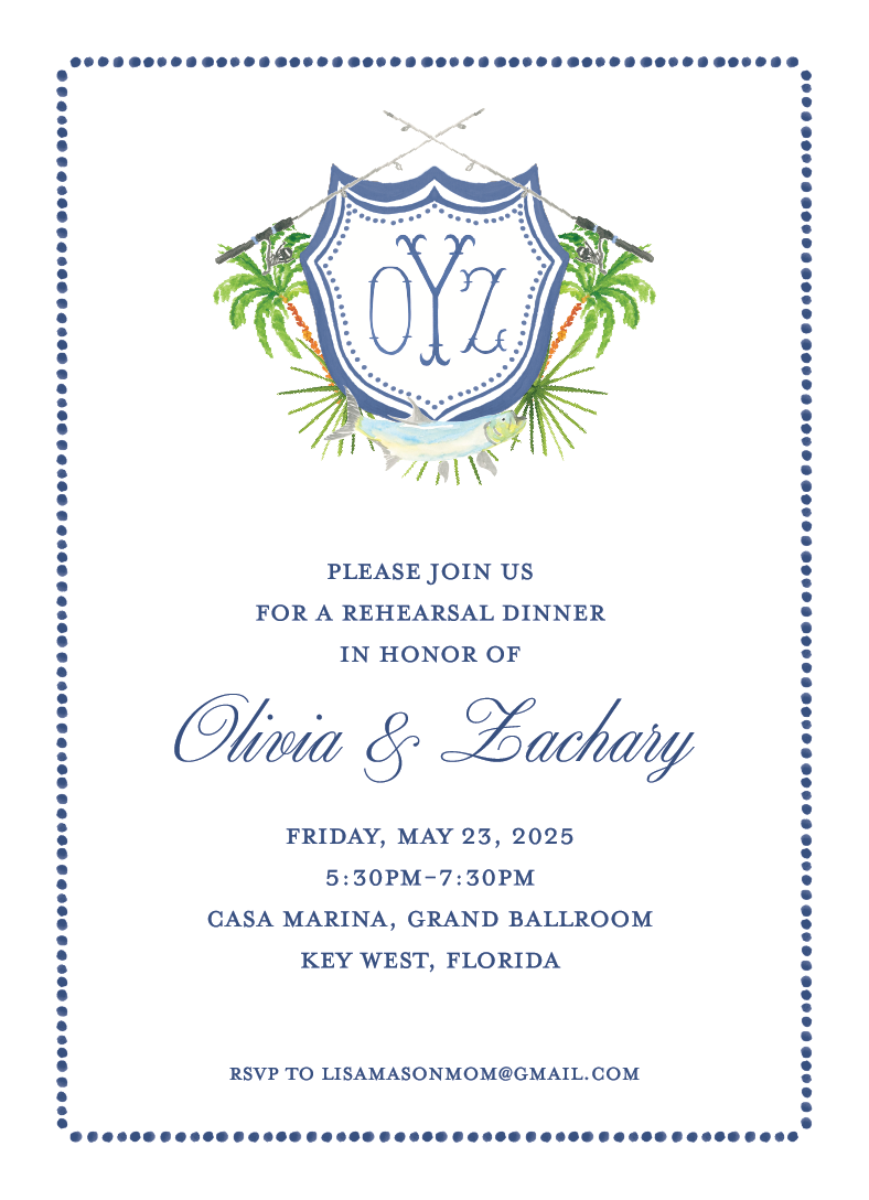 Invitation for a rehearsal dinner with a nautical theme, featuring a shield with crossed swords, palm trees, and a fish, along with event details and RSVP information.