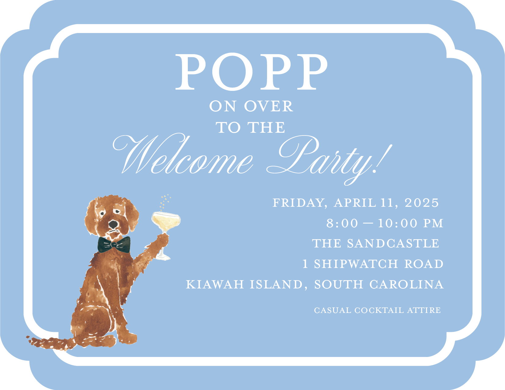 Invitation to a welcome party with a cartoon dog holding a cocktail. The invitation details the date, time, location, and dress code.