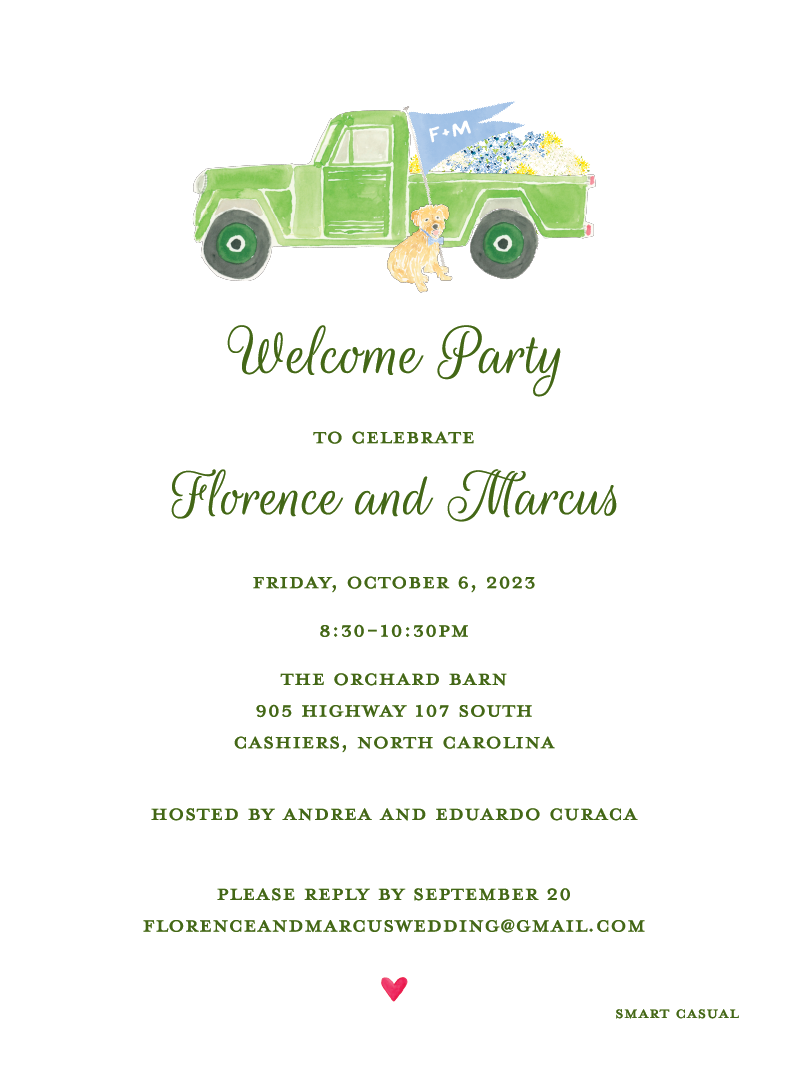 Watercolor illustration of a green pickup truck with a blue flag labeled 'F-M', a dog sitting beside it, and a bed of flowers in the truck bed. The text announces a welcome party celebrating Florence and Marcus on October 6, 2023, from 8:30 to 10:30 