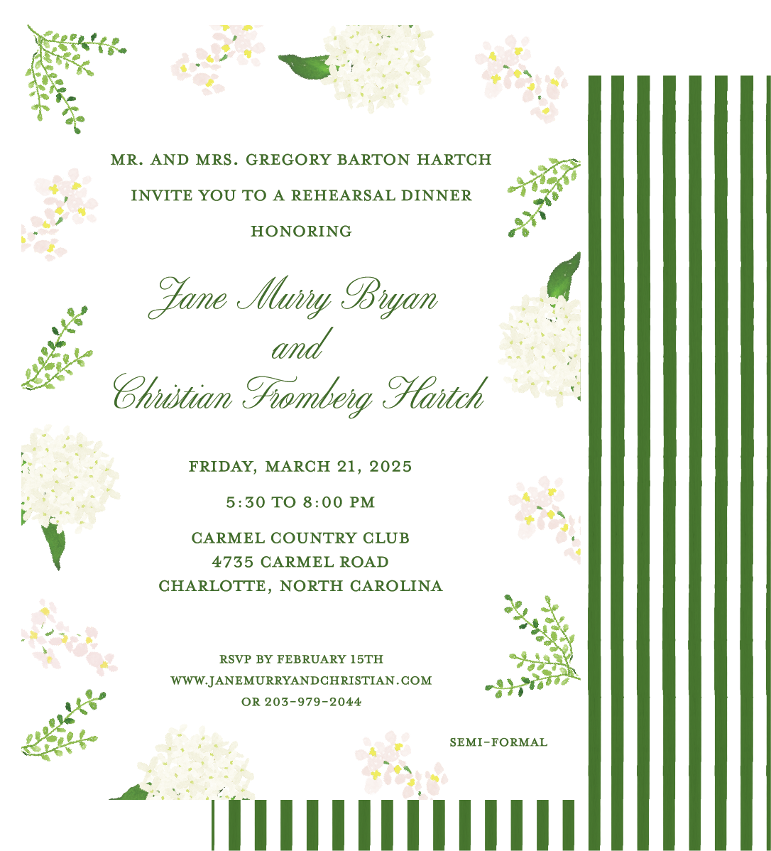 Wedding rehearsal dinner invitation with green floral border and striped pattern on the right side, featuring white hydrangea and small pink flowers