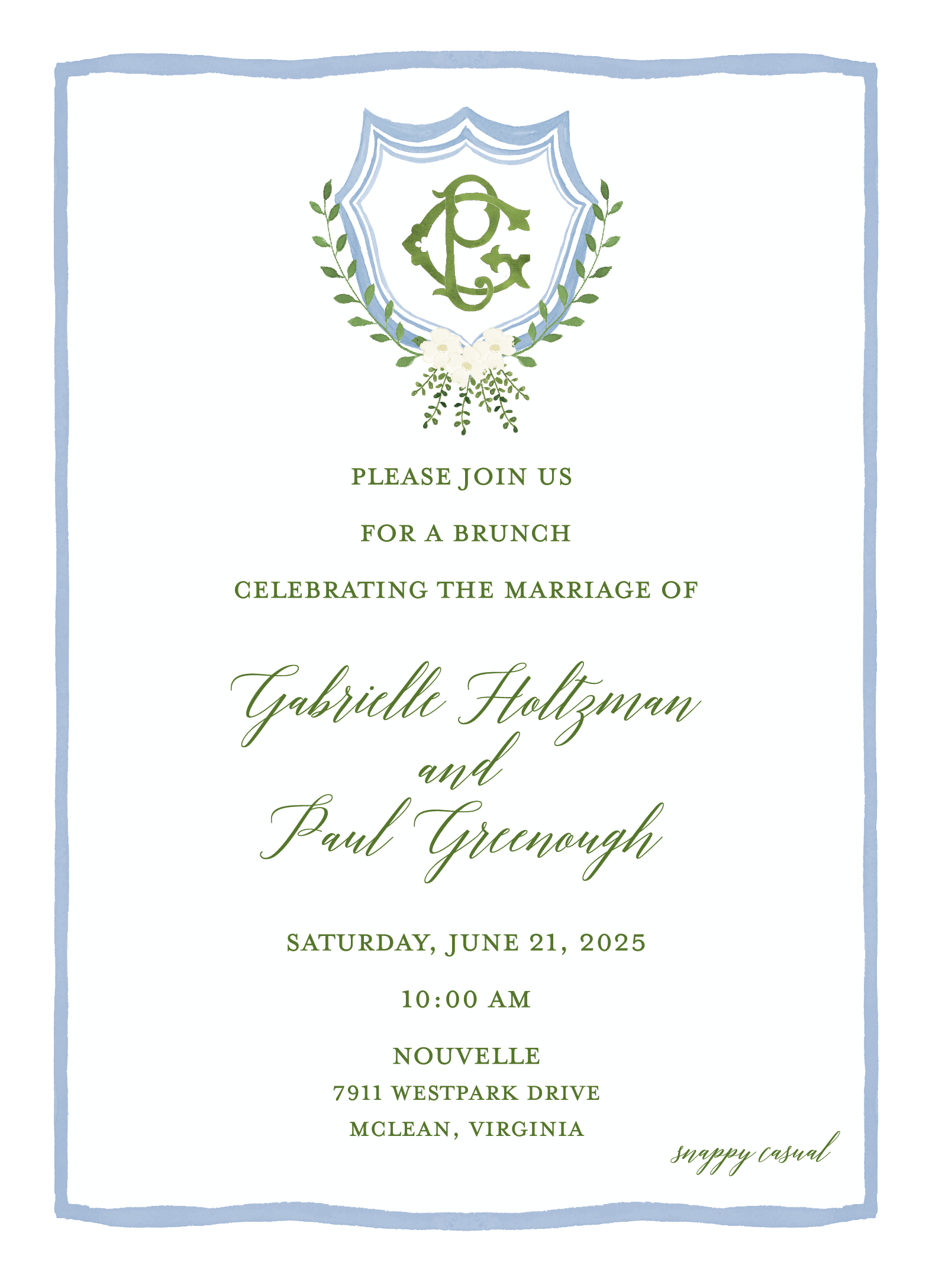 Wedding invitation with a blue border and a crest at the top, featuring green foliage, white flowers, and a stylized monogram. The text requests attendance at a brunch celebration for Gabrielle Holzman and Paul Greenough on June 21, 2025, at 10:00 am