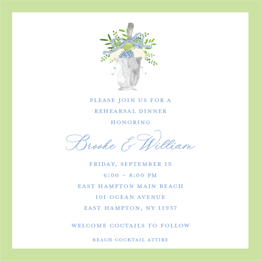 Invitation for a rehearsal dinner honoring Brooke and William, scheduled for Friday, September 15, from 6:00 to 8:00 PM at East Hampton Main Beach, 101 Ocean Avenue, East Hampton, NY 11937, with welcome cocktails to follow and beach cocktail attire. 