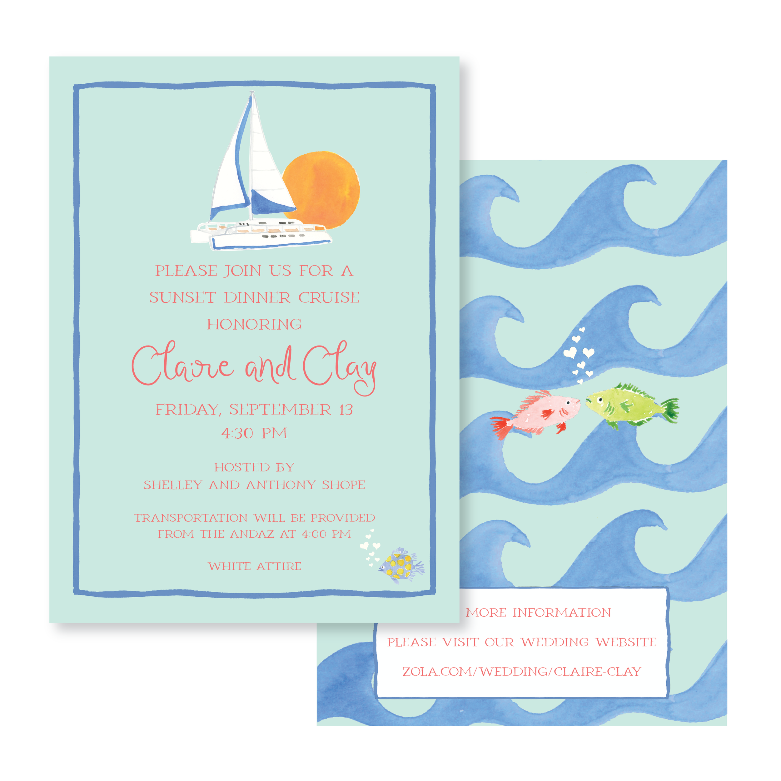 Wedding invitation with a nautical theme featuring a sailboat and sunset on the front. The interior has information about a sunset dinner cruise, with illustrations of fish and waves on the back.