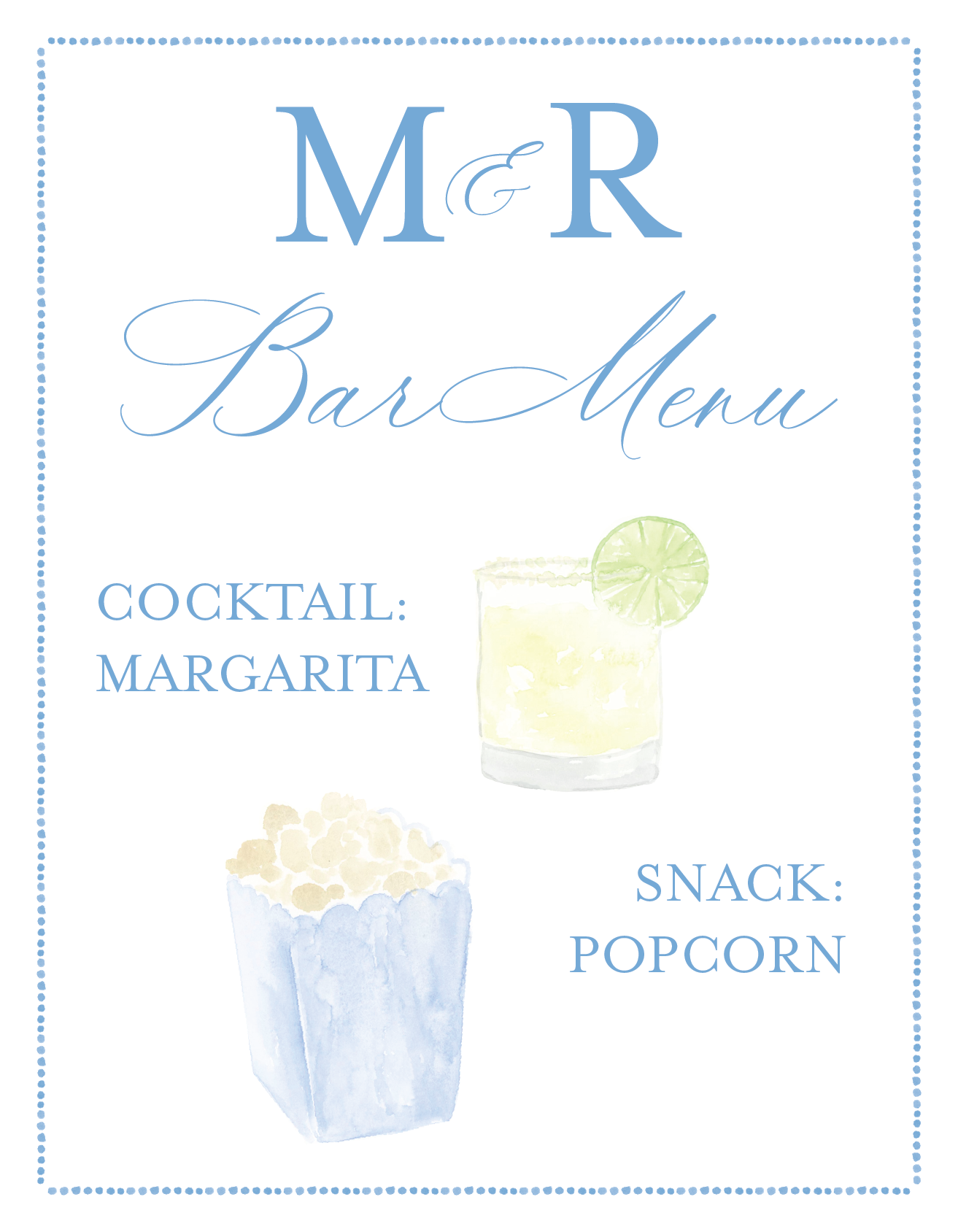 Bar menu featuring cocktail: margarita with lime garnish, snack: popcorn, illustrated with watercolor images, on a white background with blue text and dotted border.
